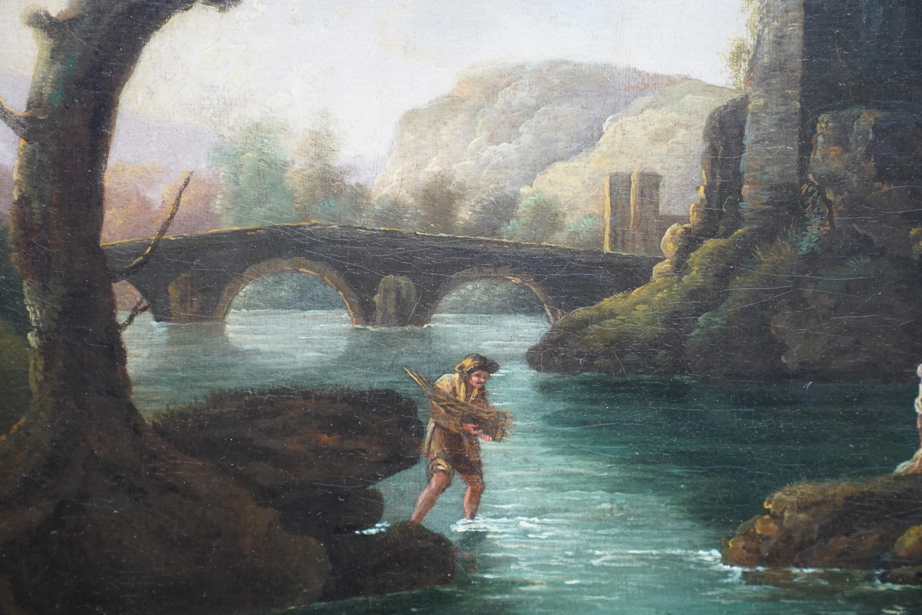 Figures dans un paysage fluvial - peinture à l'huile figurative de maître ancien britannique en vente 1