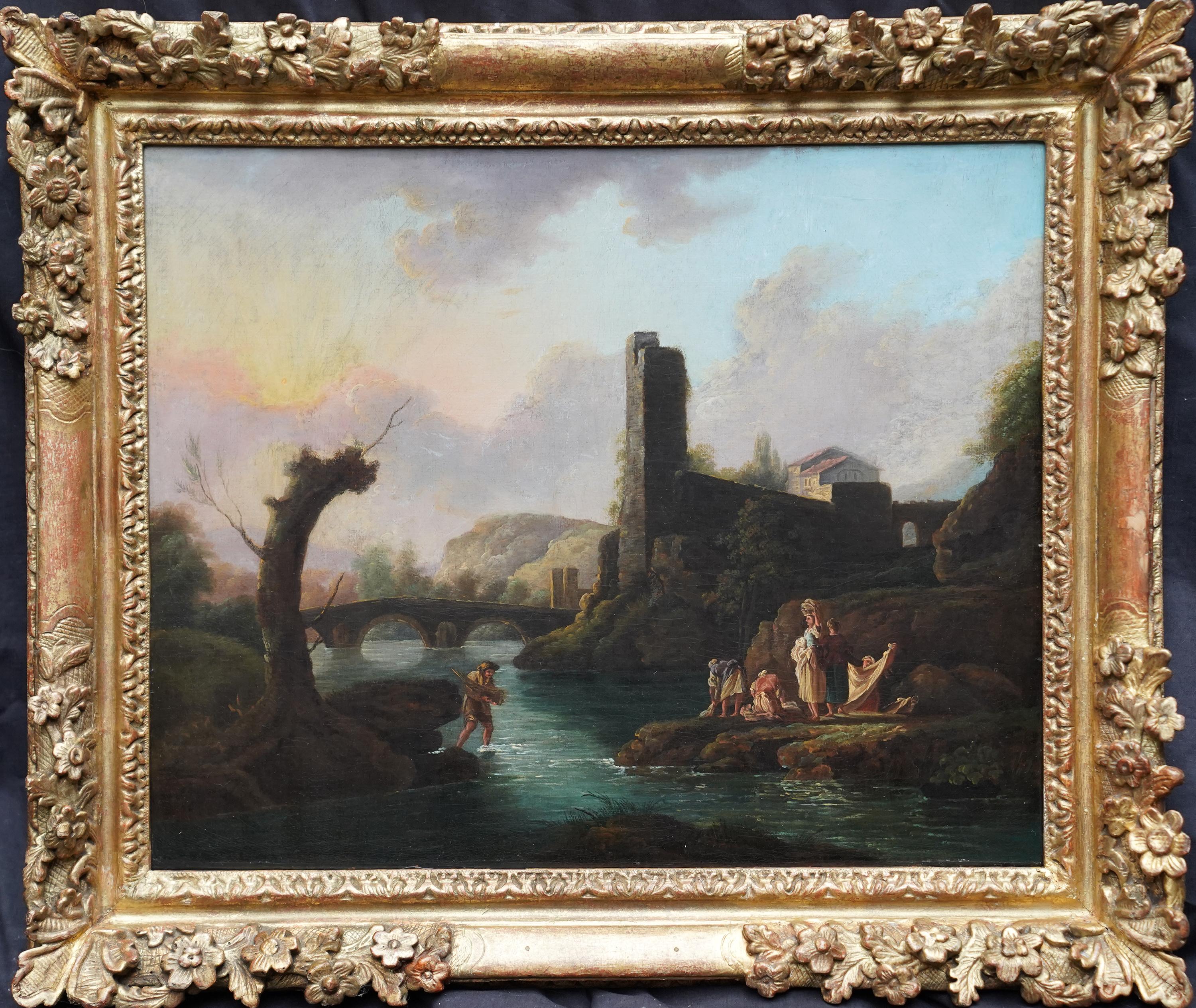 Figuren in einer Flusslandschaft - Britische Altmeister figurative Kunst Ölgemälde