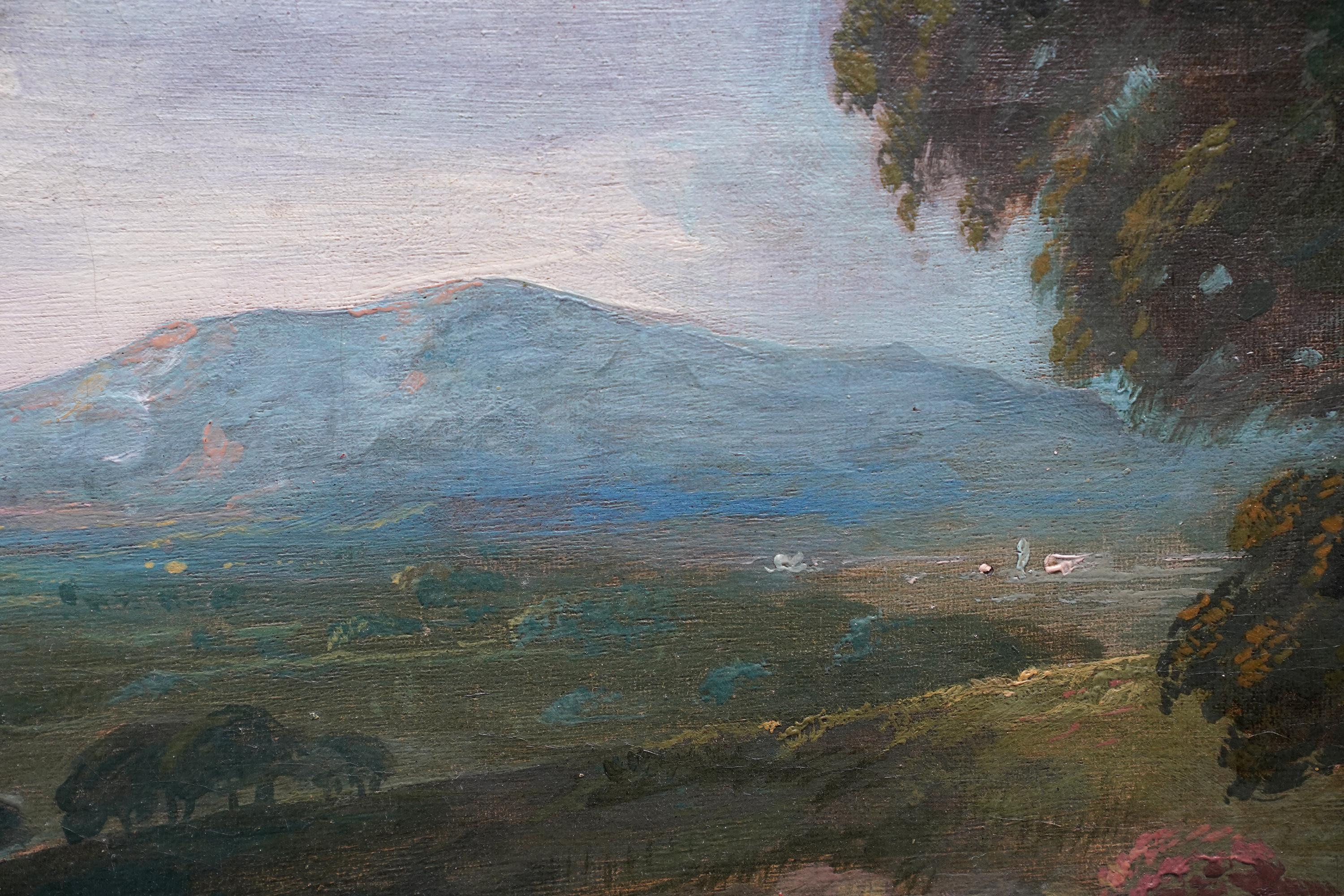 This superb British 18th century Old Master oil painting is attributed to circle of noted landscape artist Richard Wilson. Painted circa 1750 it is a stunning light, bright and airy expansive panoramic landscape.  There is a river in the foreground