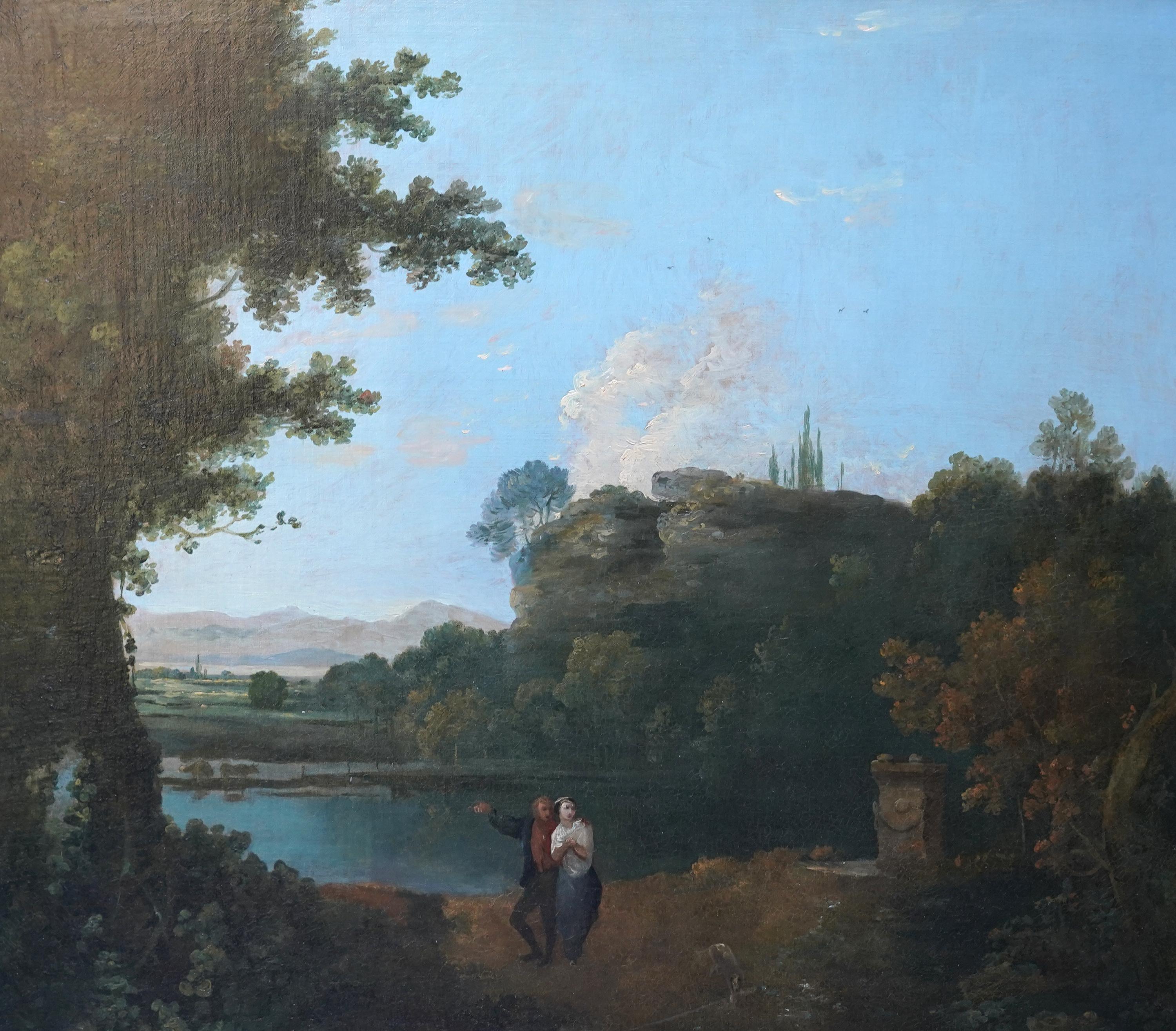 Liebespaar in der Landschaft - Britisches Ölgemälde der pastoralen Kunst des 18. im Angebot 14