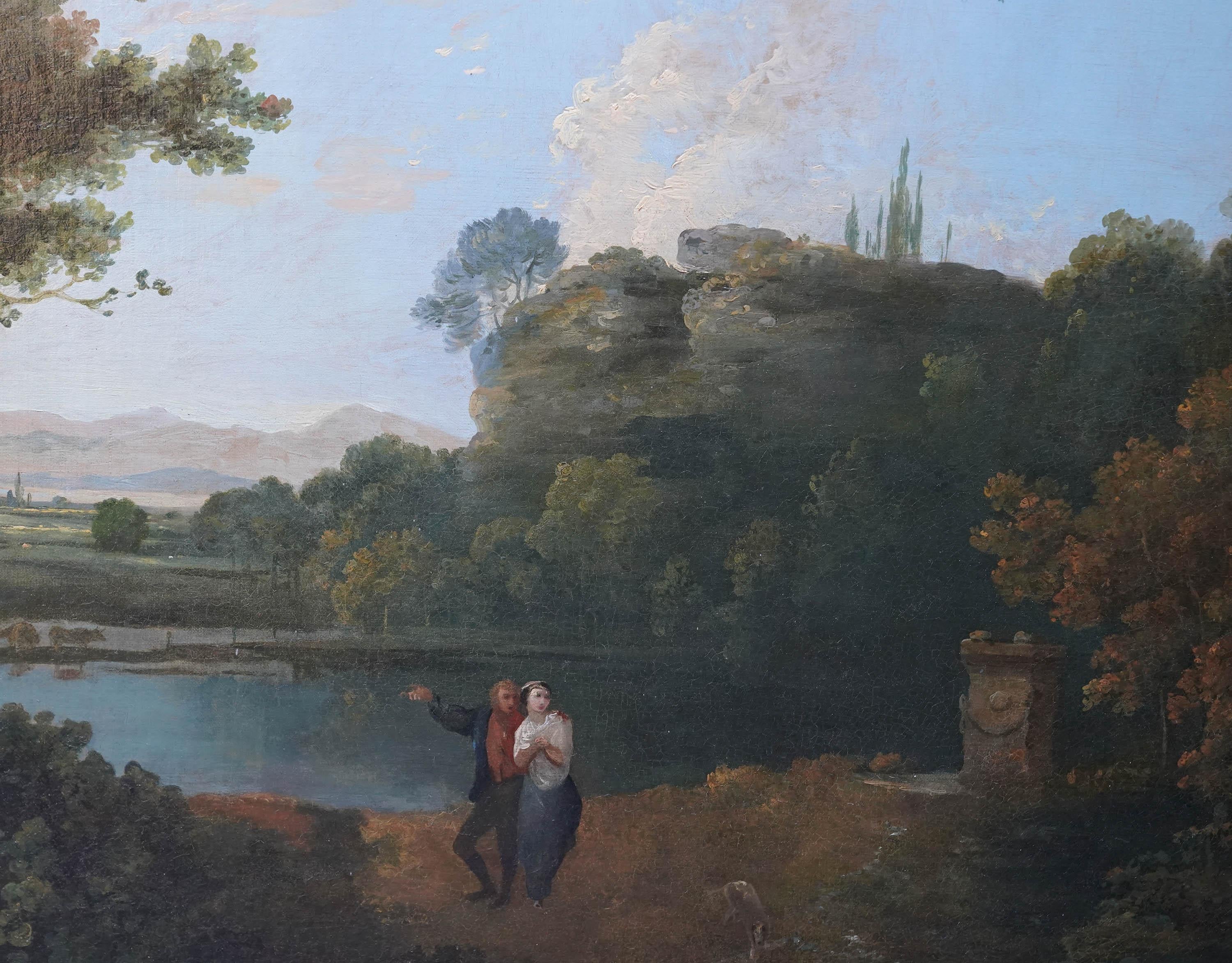 Dieses prächtige britische Altmeister-Ölgemälde aus dem 18. Jahrhundert wird dem Kreis des bekannten Landschaftsmalers Richard Wilson zugeschrieben. Das um 1750 entstandene Gemälde zeigt eine herrliche Seelandschaft mit einem romantischen