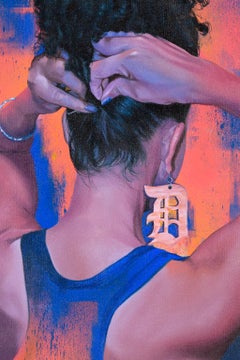 „Untitled Female“ Gesteppte weibliche Figur, leuchtende Farben, Detroit-Symbole