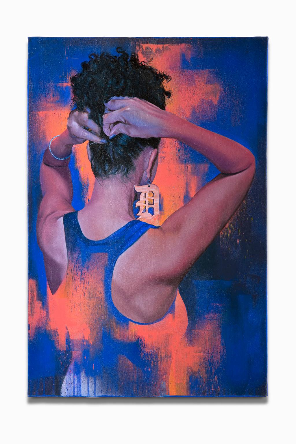 Figurative Painting di Richard Wilson - "Senza titolo femminile" Figura femminile vestita, colori vivaci, simboli di Detroit