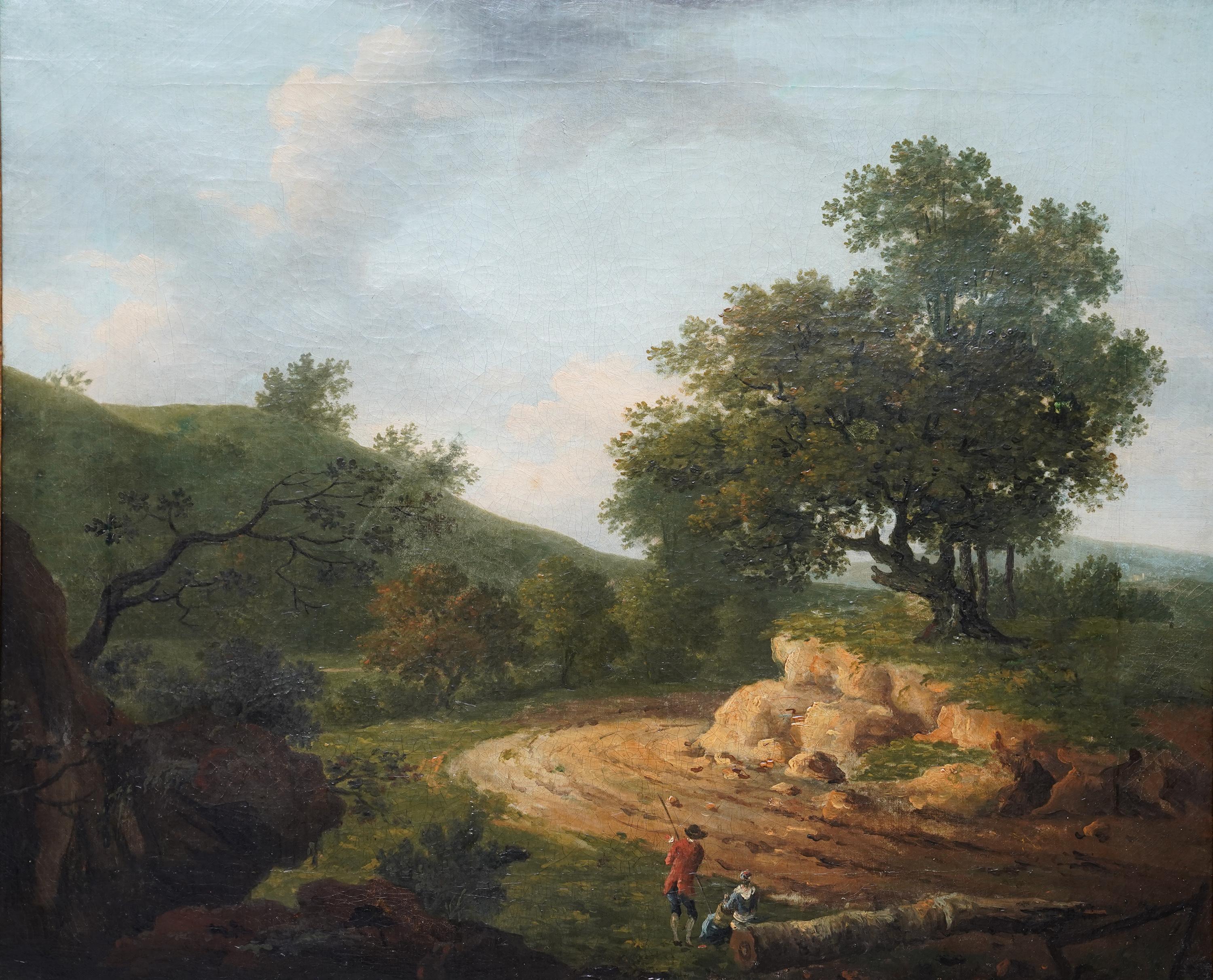 Wooded Landscape with Figures - British 18th century Old Master art oil painting 4