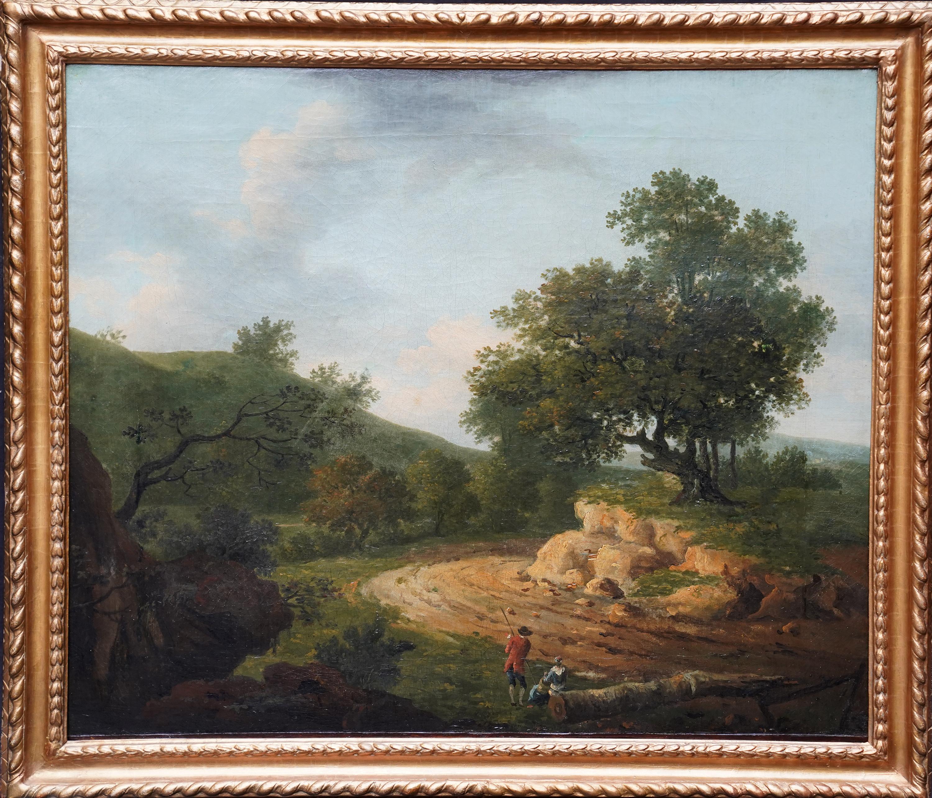 Wooded Landscape with Figures - British 18th century Old Master art oil ...