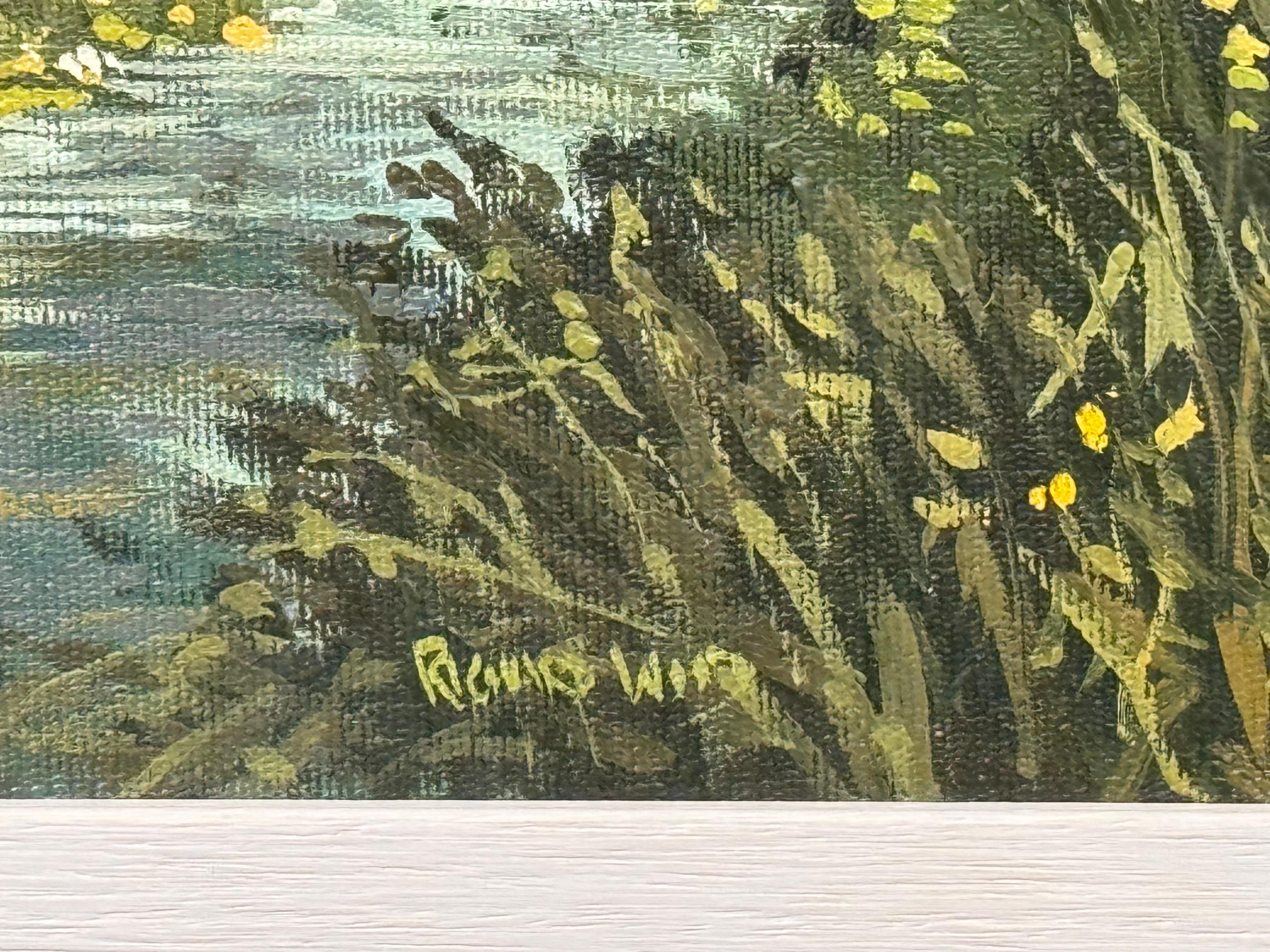 Quadro di campagna inglese con cottage con tetto di paglia, fiume e mucche al pascolo in vendita 5