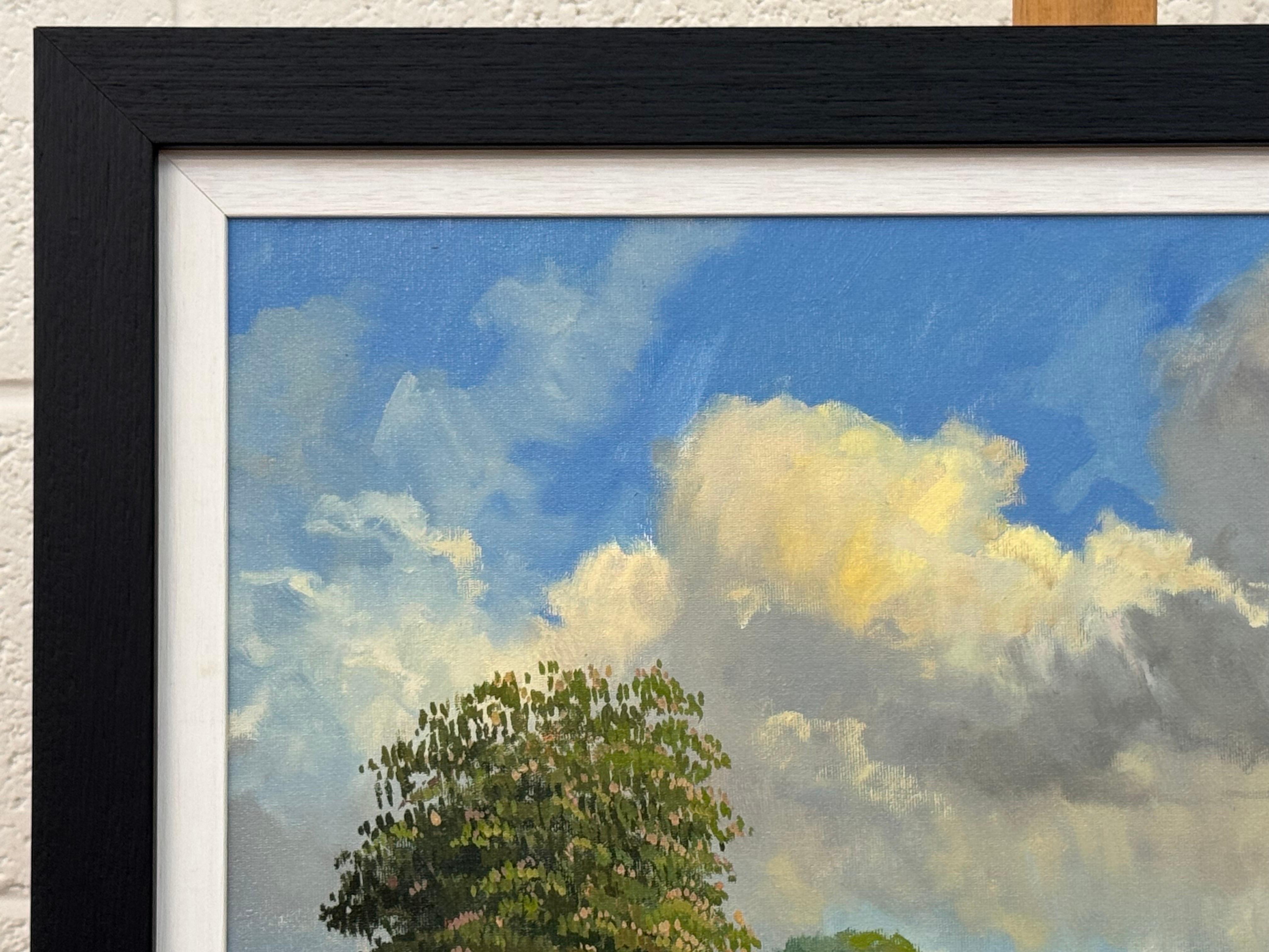 Quadro di campagna inglese con cottage con tetto di paglia, fiume e mucche al pascolo in vendita 6