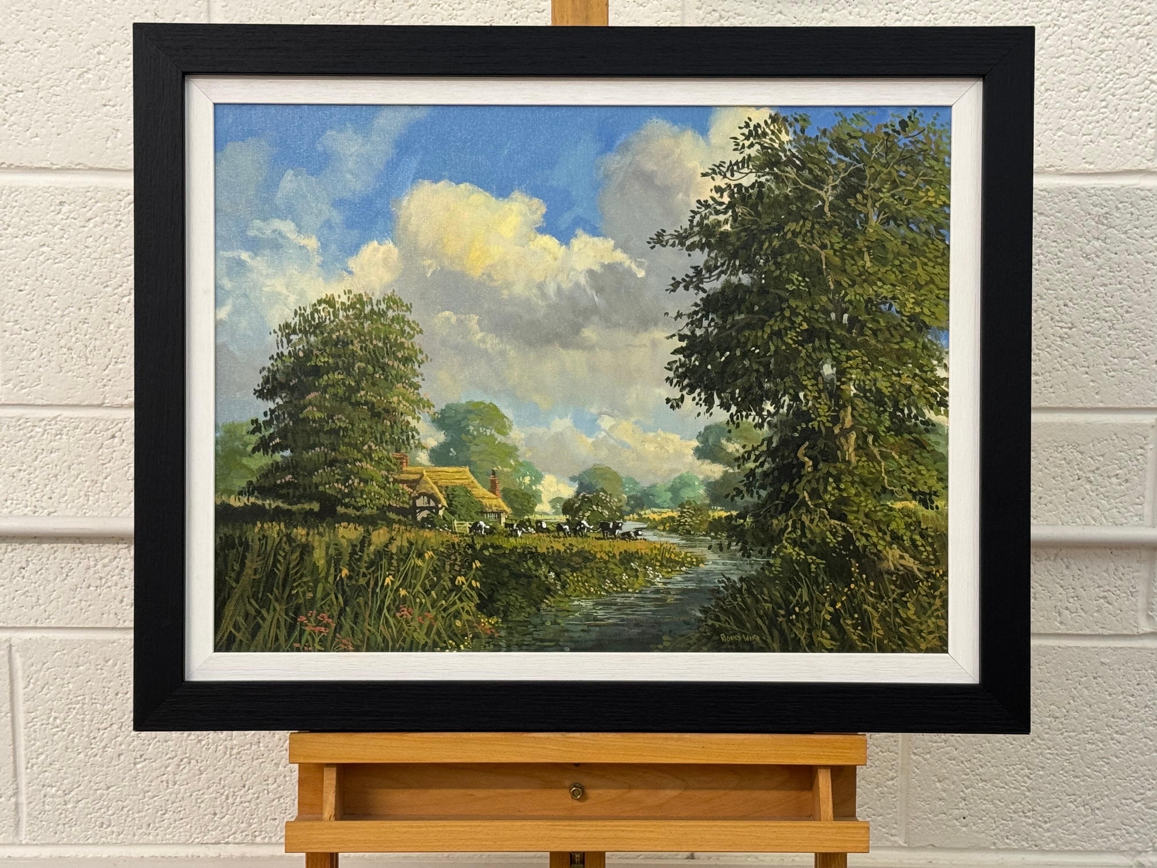 Quadro di campagna inglese con cottage con tetto di paglia, fiume e mucche al pascolo - Painting Scuola inglese di Richard Wood