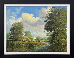 English Countryside painting with Thatched Cottage, River & Cows Grazing