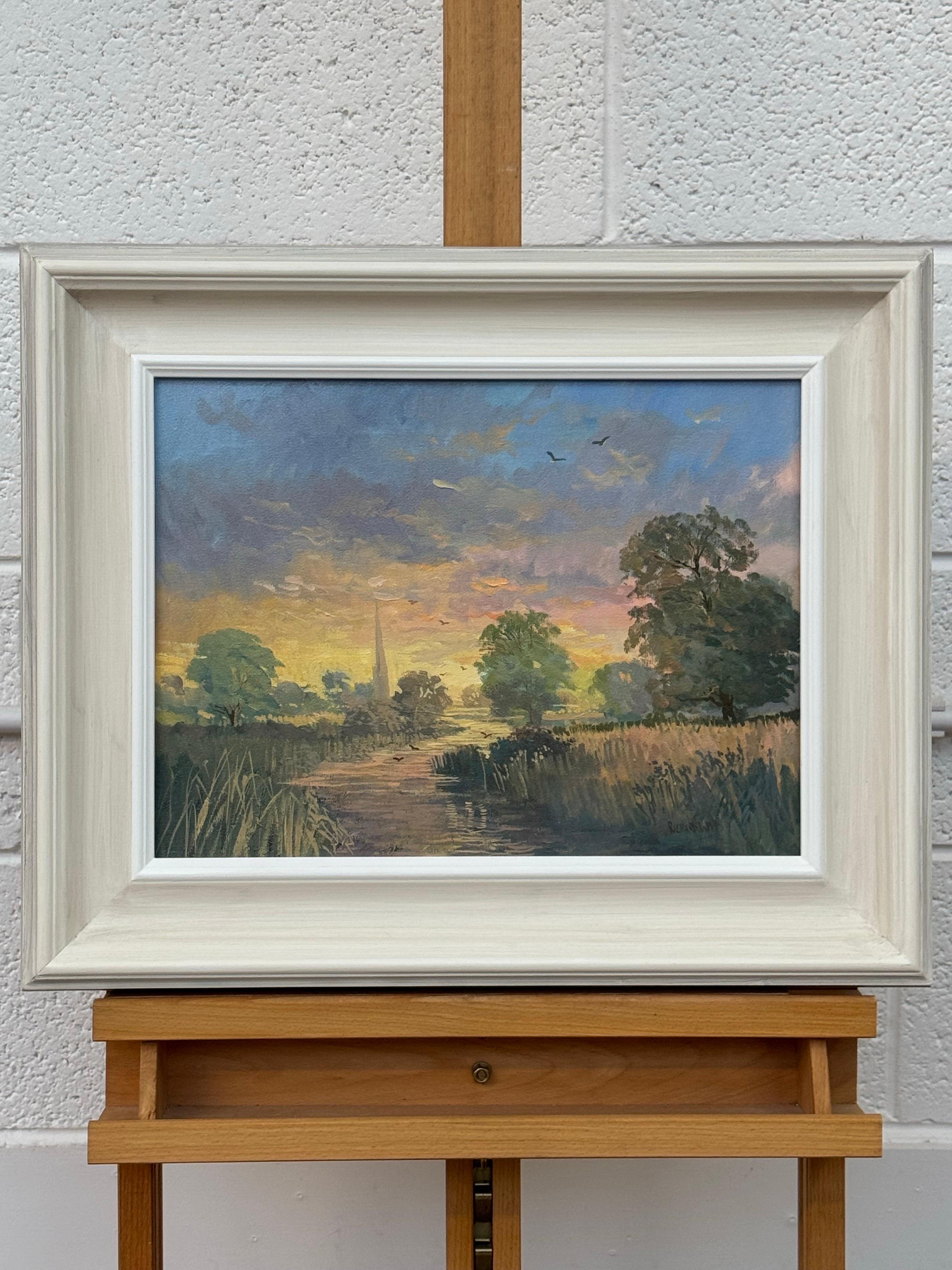Amanecer en un pueblo junto al río en la campiña inglesa con la aguja de una iglesia y pájaros - Painting Escuela inglesa de Richard Wood