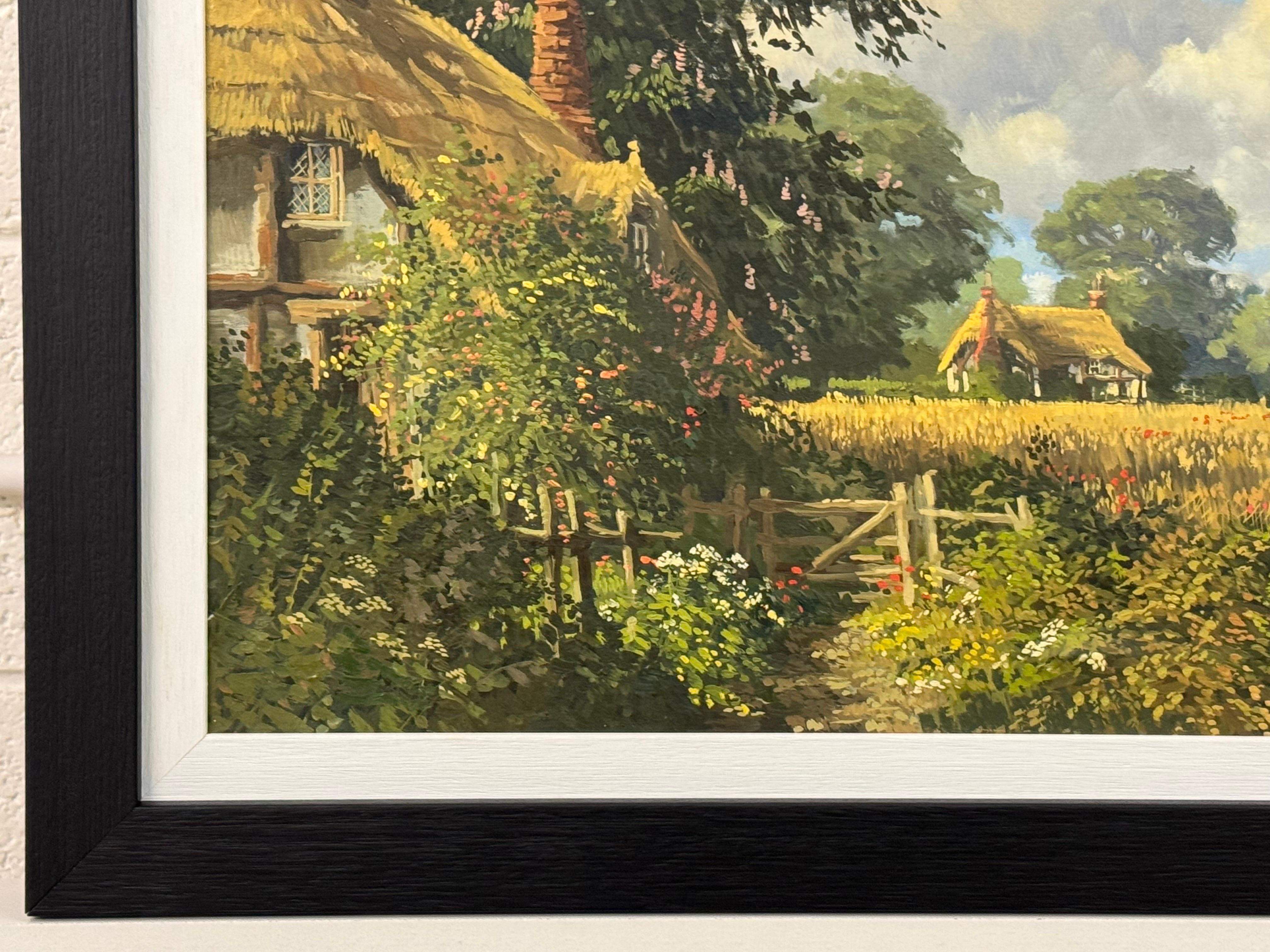 Cottages au toit de chaume avec fleurs sauvages et Church's dans la campagne anglaise en vente 8