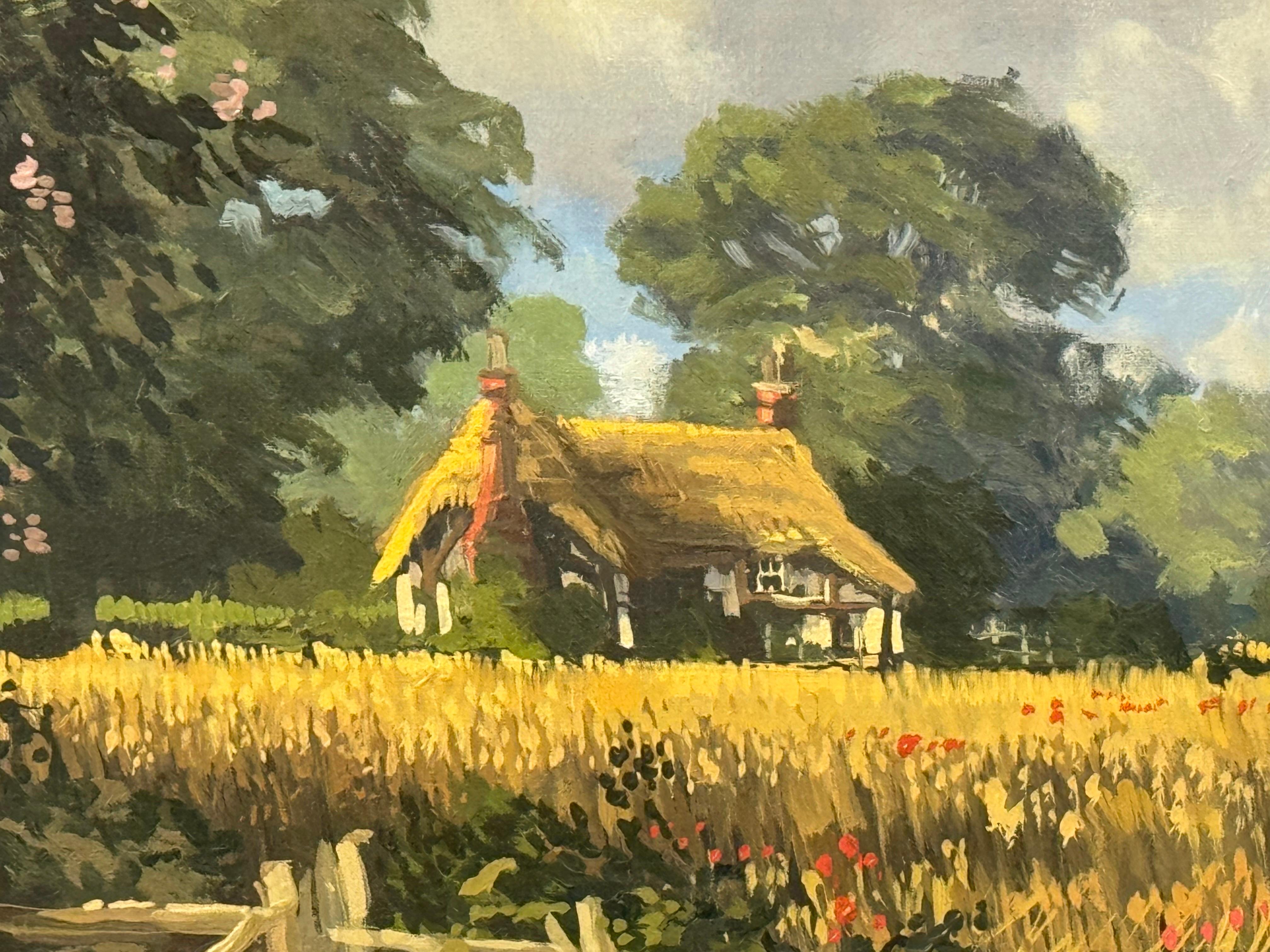 Cottages au toit de chaume avec fleurs sauvages et Church's dans la campagne anglaise en vente 9