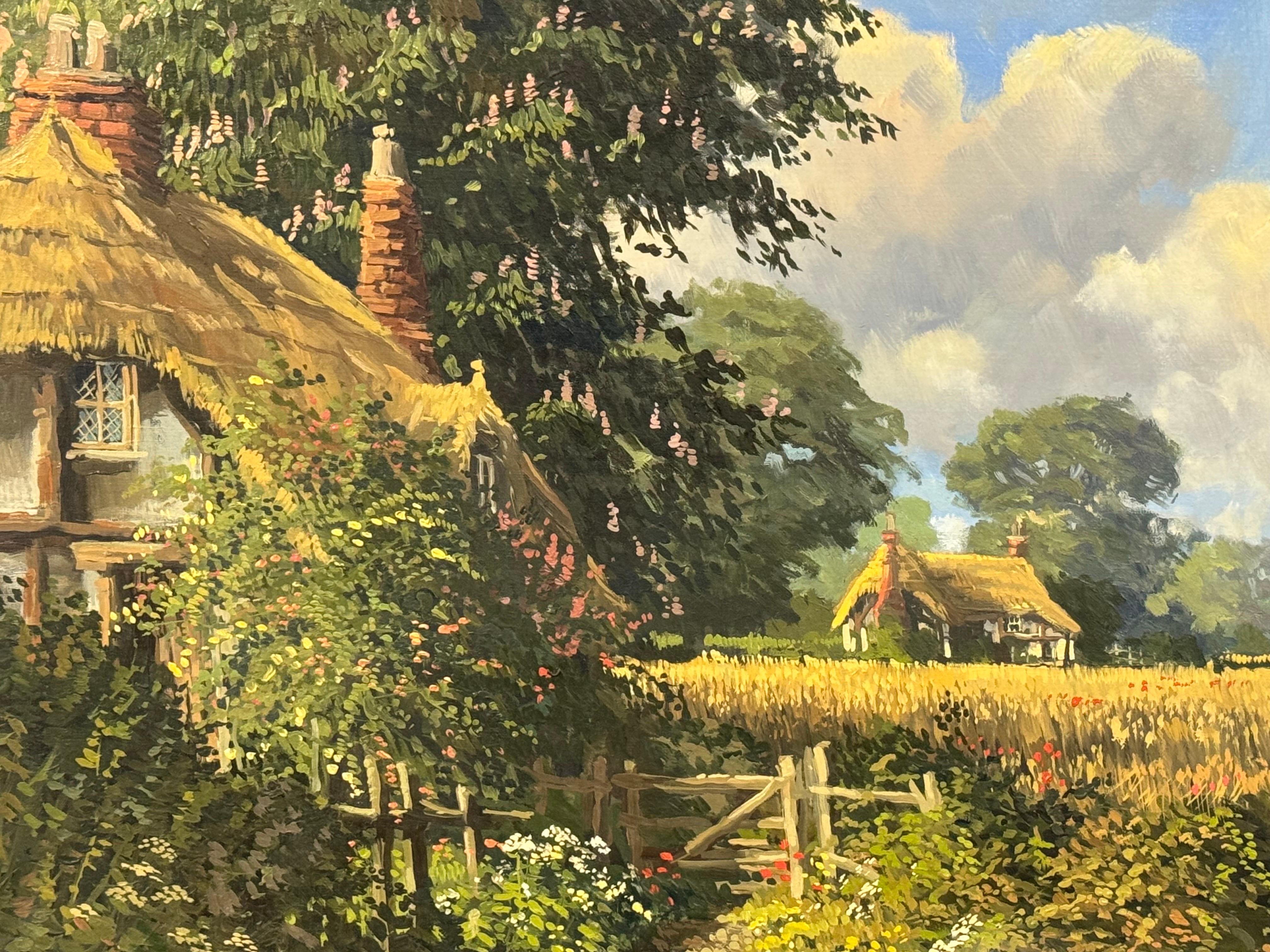 Cottages au toit de chaume avec fleurs sauvages et Church's dans la campagne anglaise en vente 10