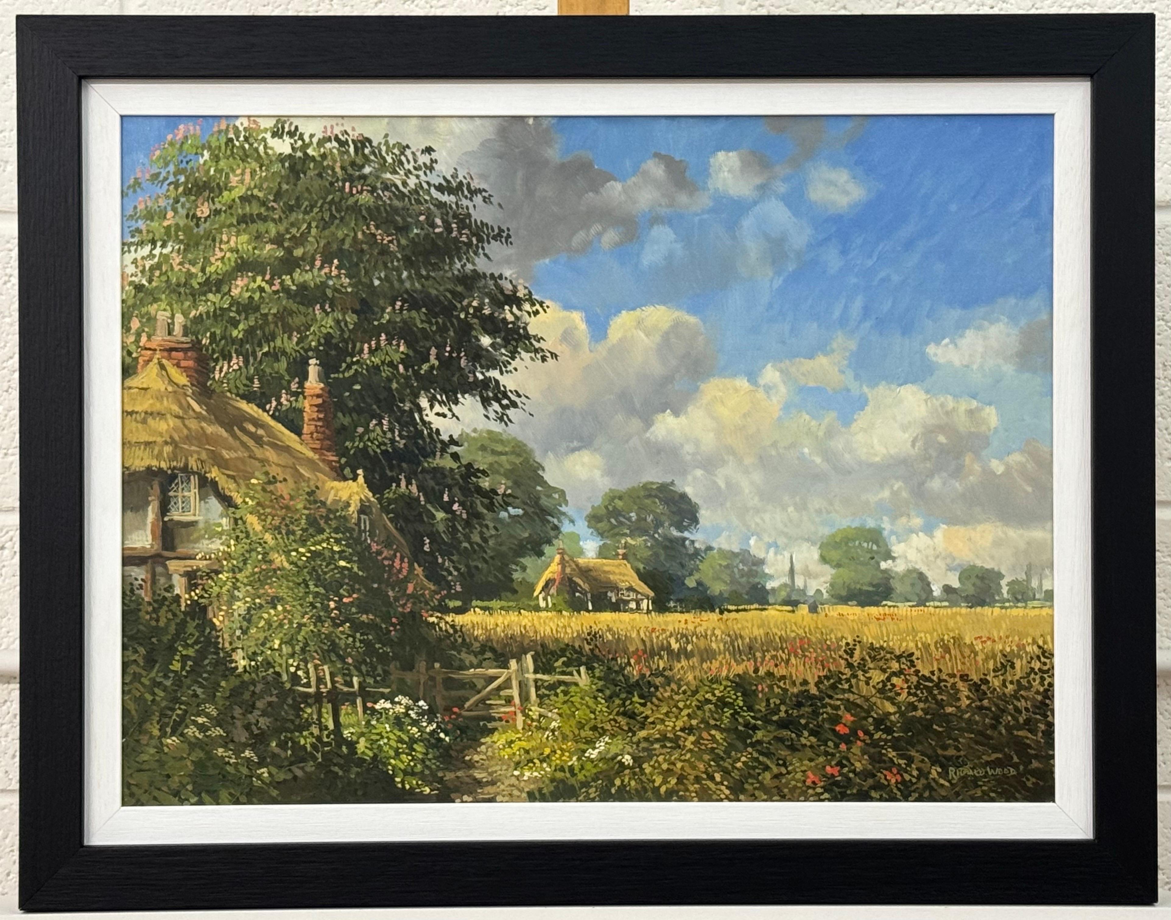 Cottages au toit de chaume avec fleurs sauvages et Church's dans la campagne anglaise en vente 14