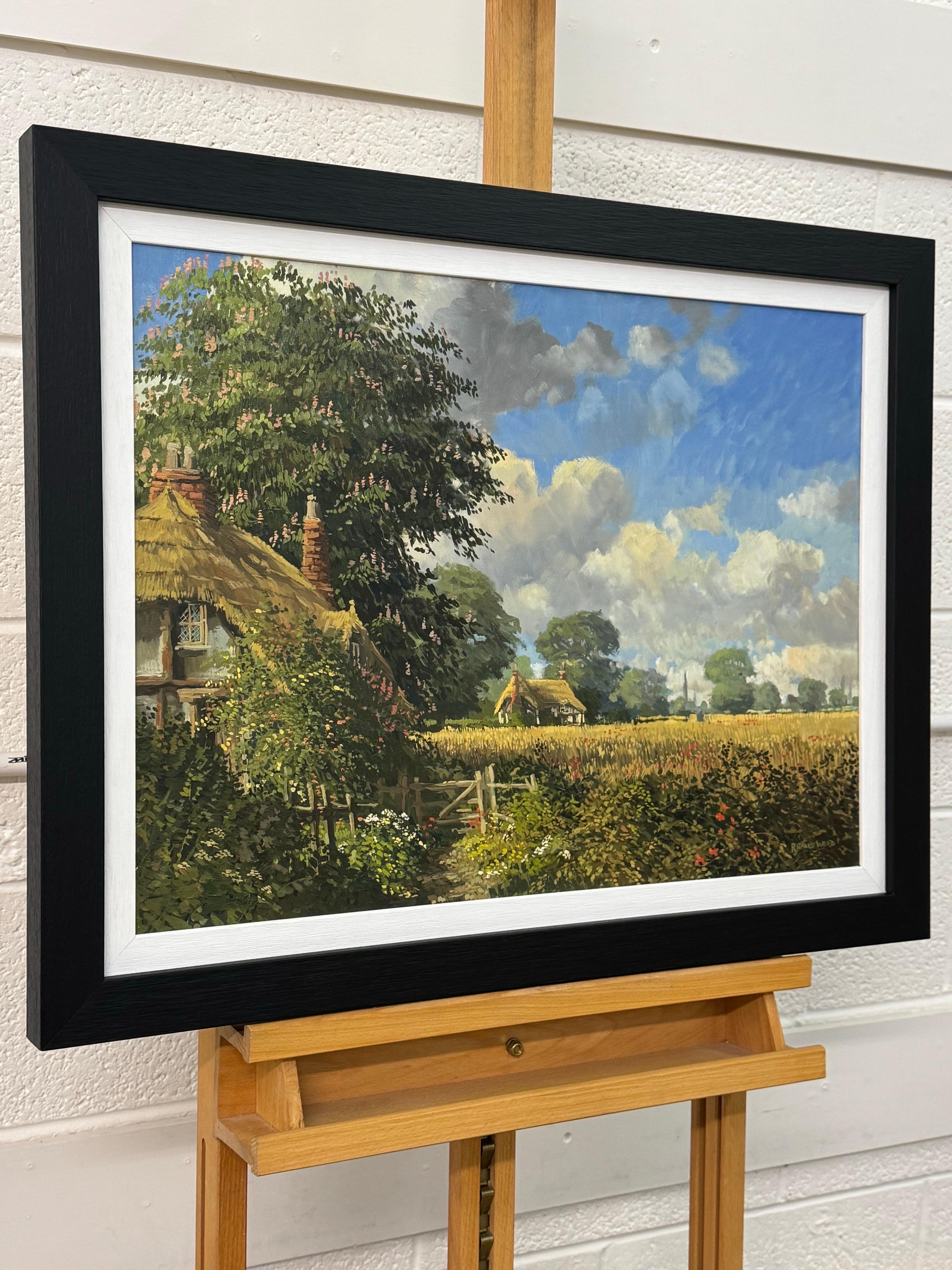 Cottages au toit de chaume avec fleurs sauvages et Church's dans la campagne anglaise - Painting de Richard Wood