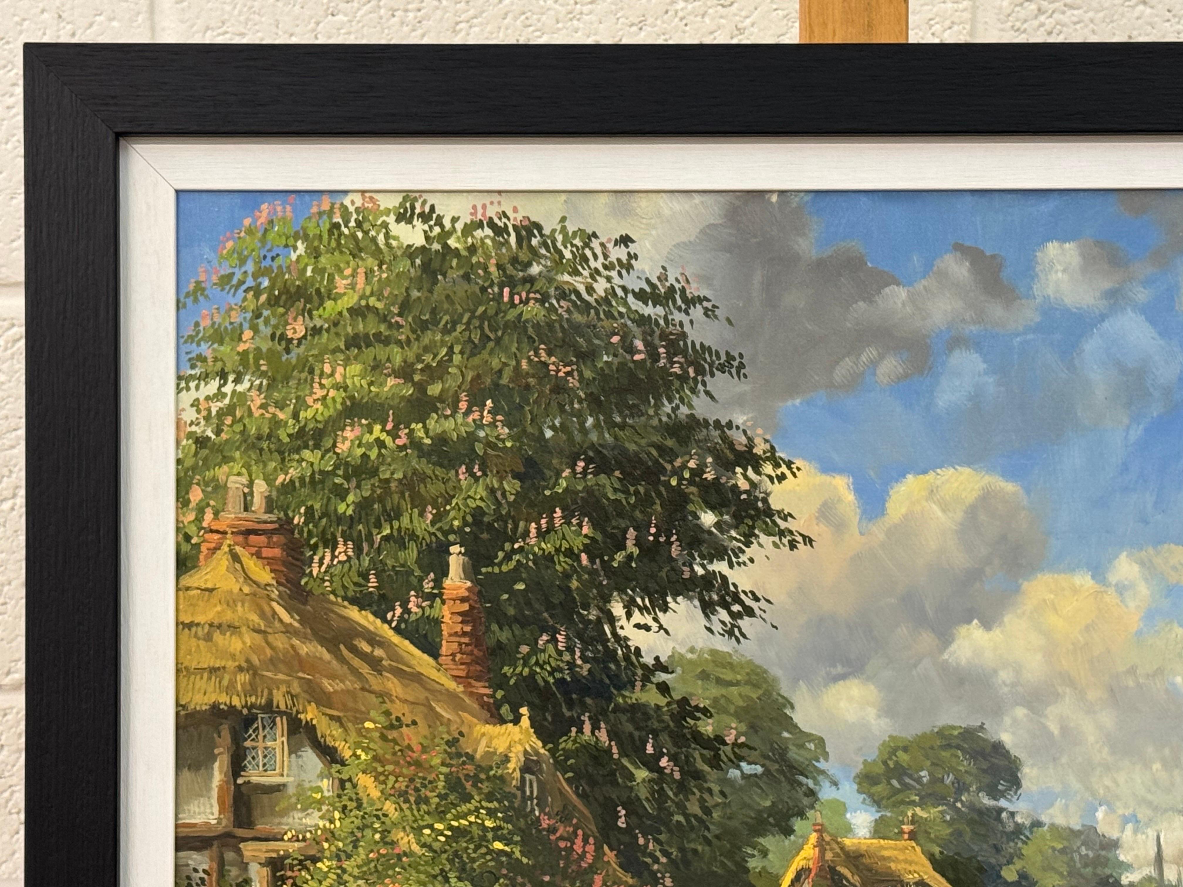 Cottages au toit de chaume avec fleurs sauvages et Church's dans la campagne anglaise en vente 2