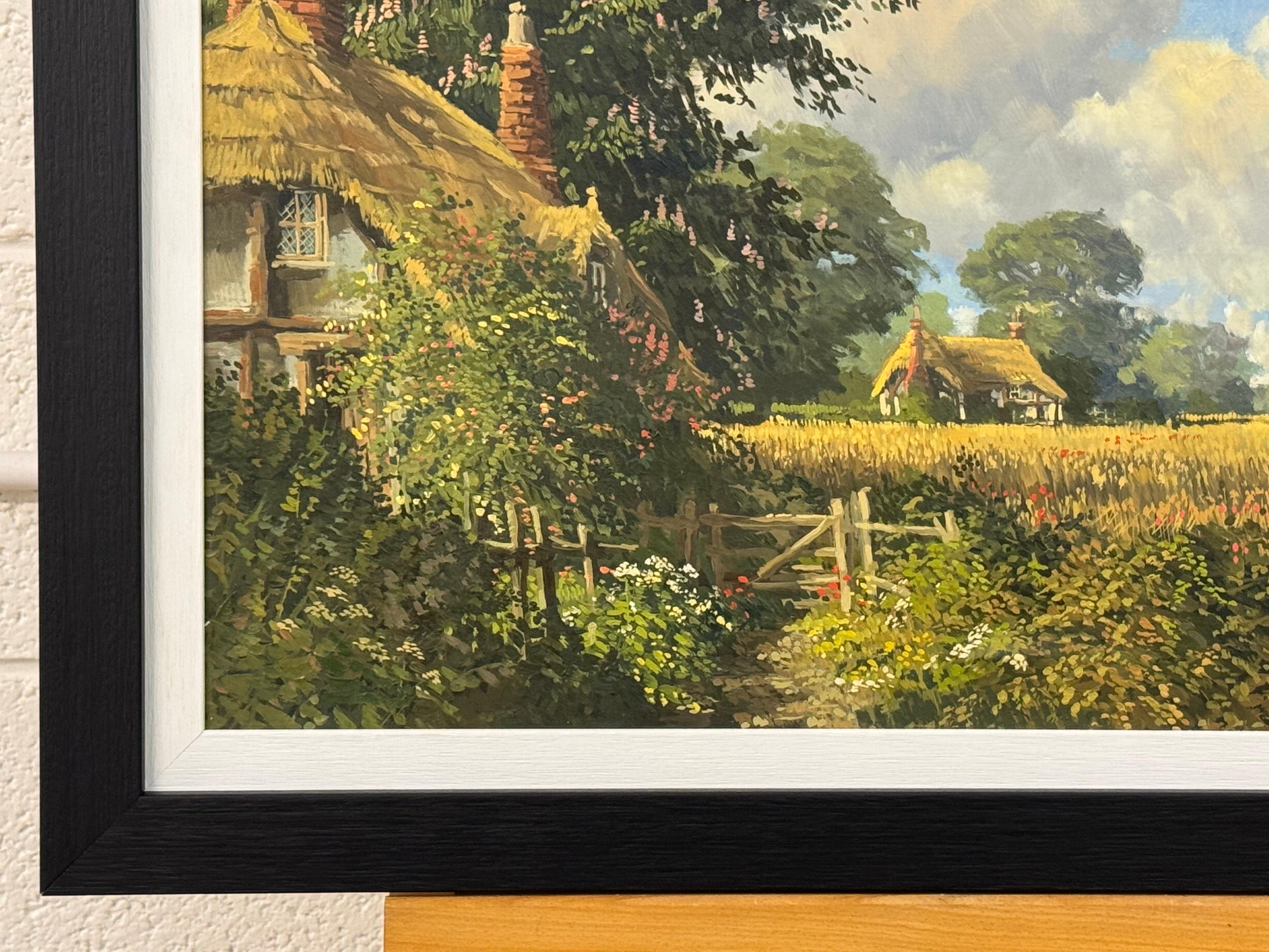 Cottages au toit de chaume avec fleurs sauvages et Church's dans la campagne anglaise en vente 3