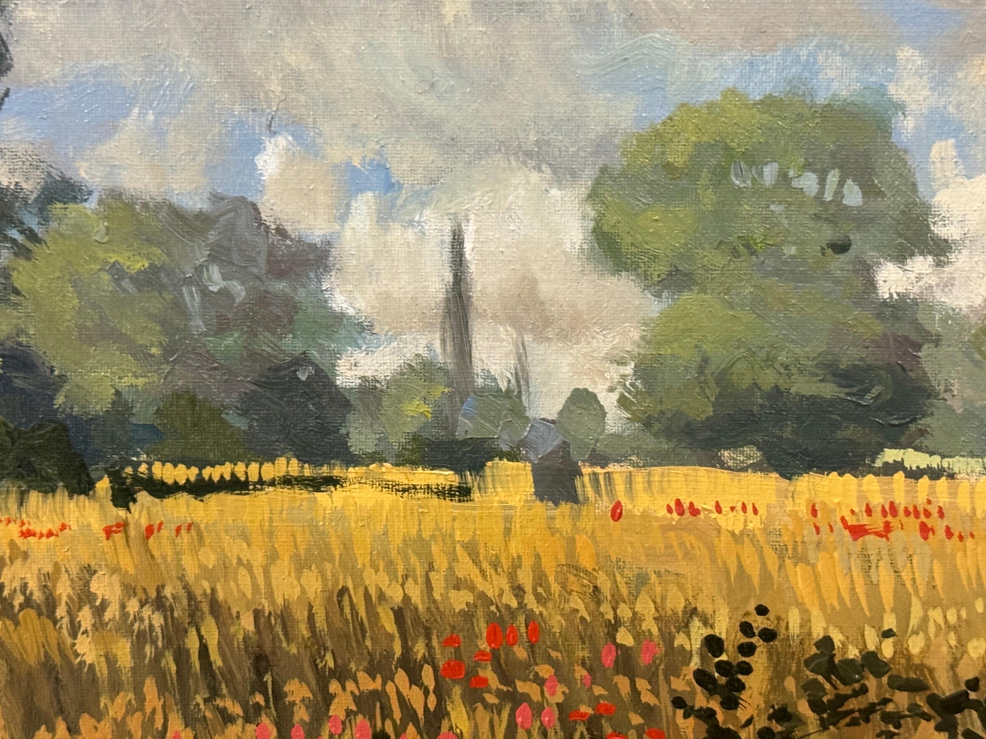Cottages au toit de chaume avec fleurs sauvages et Church's dans la campagne anglaise en vente 4