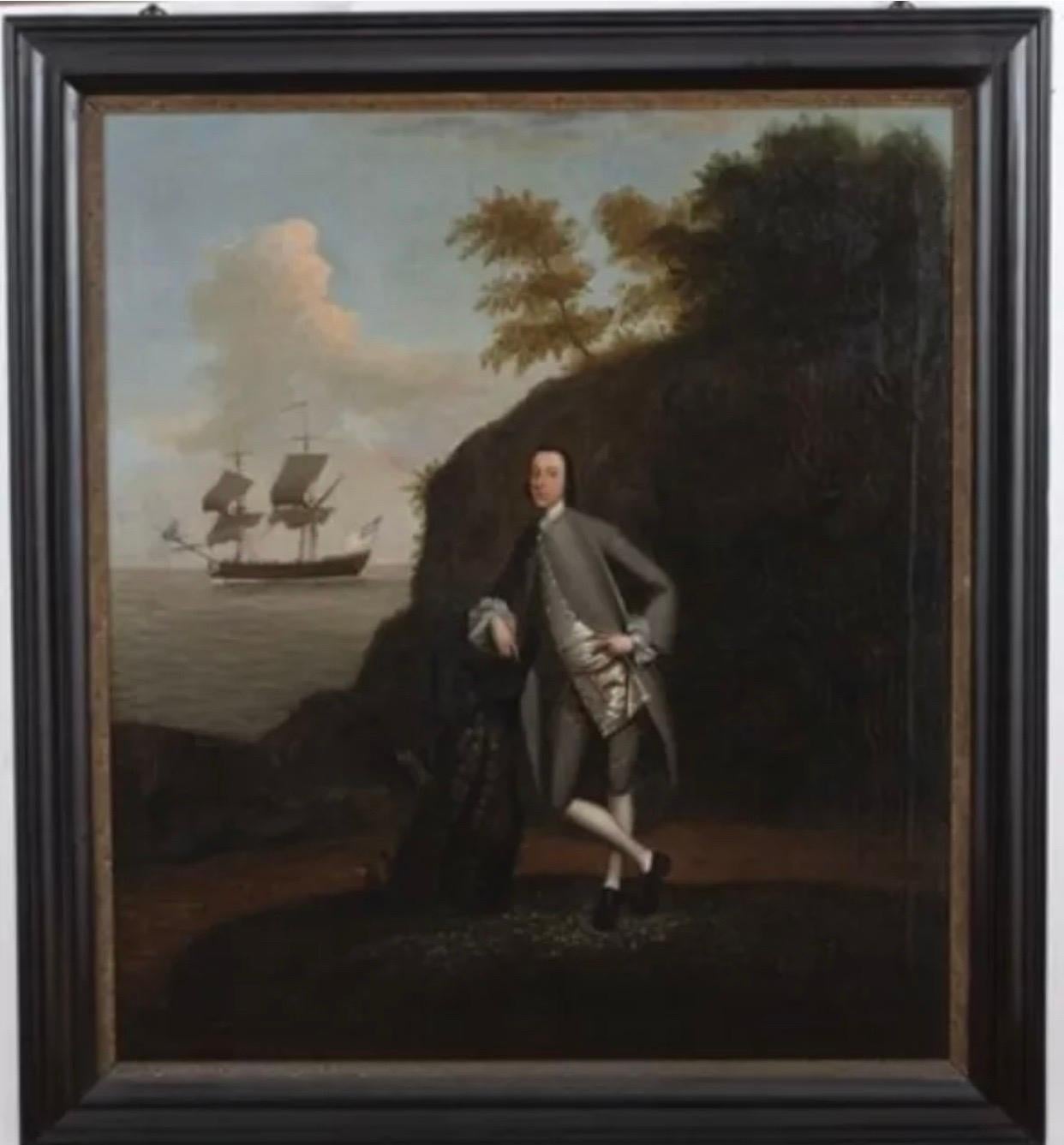 Fine 18th Century English Oil Naval Portrait of Captain & his Ship - Painting by Richard Wright