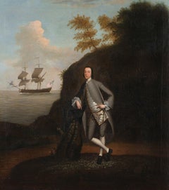 Fine 18th Century English Oil Naval Portrait of Captain & his Ship