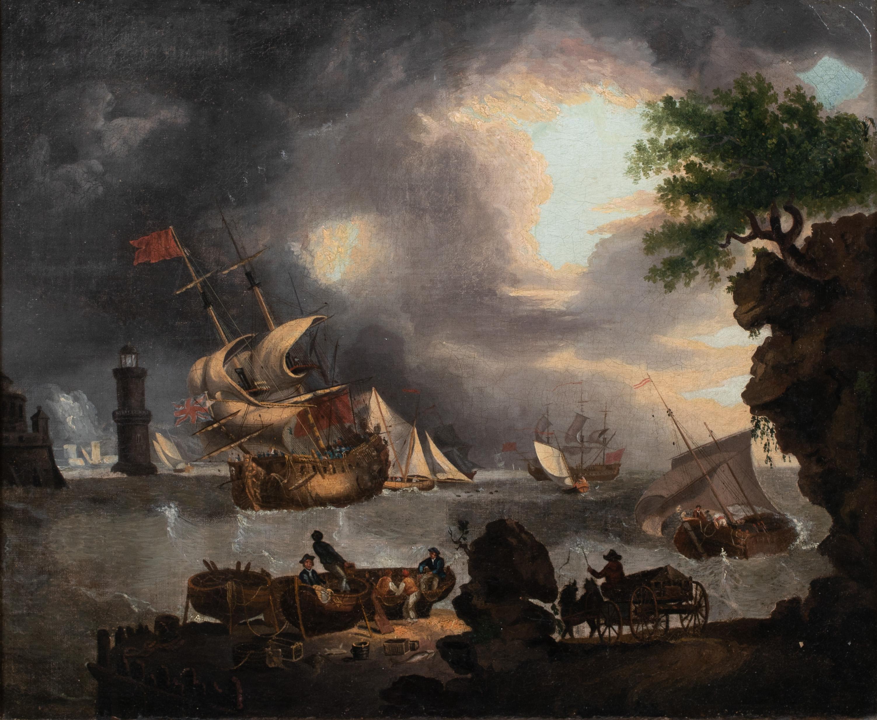 British Royal Navy In A Fishery, 18th Century   - Painting by Richard WRIGHT OF LIVERPOOL 