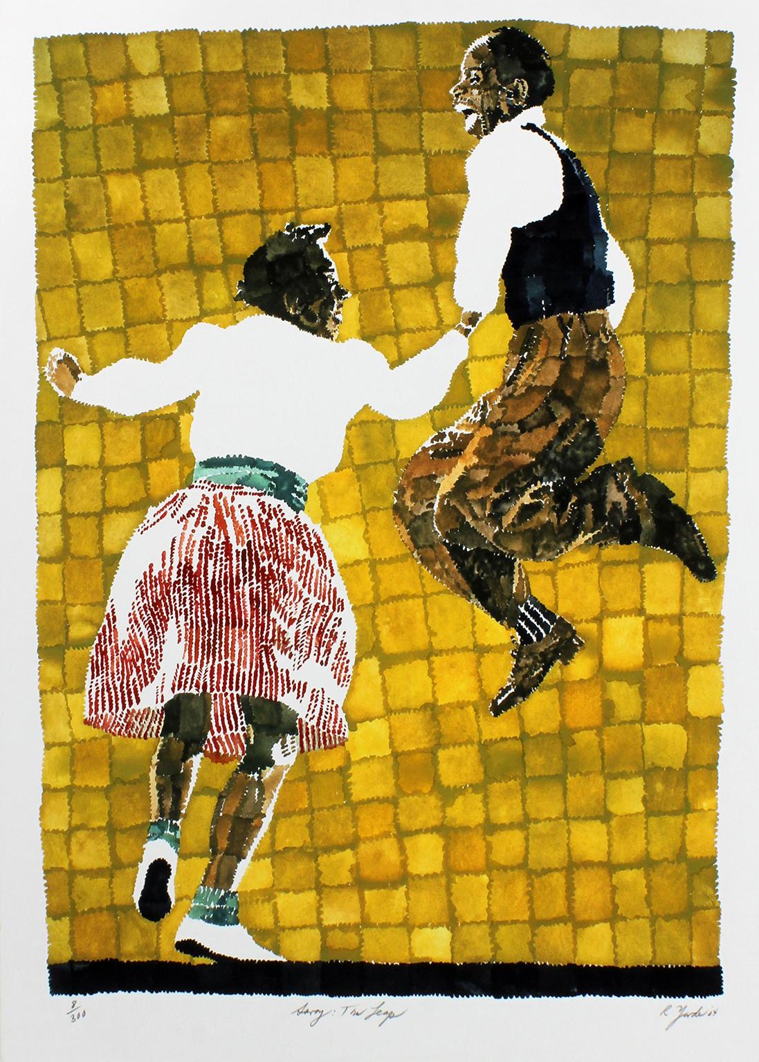 "Savoy : The Leap" giclée en édition limitée sur papier d'art d'un couple de danseurs par l'artiste afro-américain Richard Yarde. Fait partie de la série "Savoy Ballroom" de Yarde. Numéroté à la main 8/300 dans le coin inférieur gauche, titré "Savoy