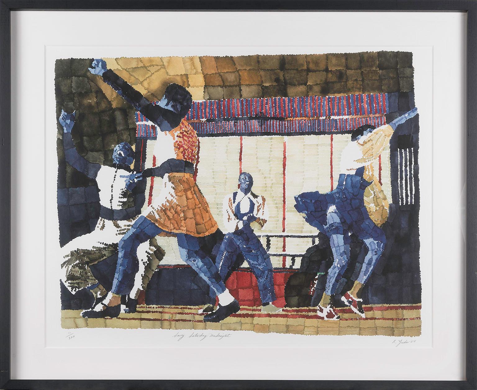 Impresión giclée en edición limitada enmarcada "Savoy: Saturday Midnight" sobre papel artístico de bailarinas en el Savoy, del artista afroamericano Richard Yarde. Parte de la serie "Savoy Ballroom" de Yarde. Firmado a mano por R. Yarde '04 en la