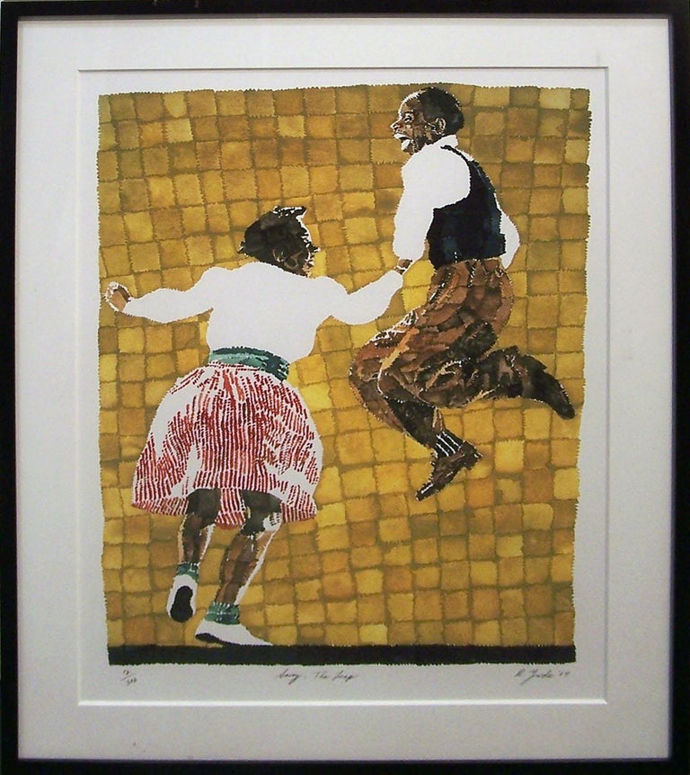 Limited edition giclée on fine art paper of a pair of dancers by African American artist Richard Yarde. Part of Yarde's "Savoy Ballroom" series. Hand-signed, dated, titled and numbered. Edition 12 of 300. Image size: 29 x 20 inches (73.7 x 50.8 cm).