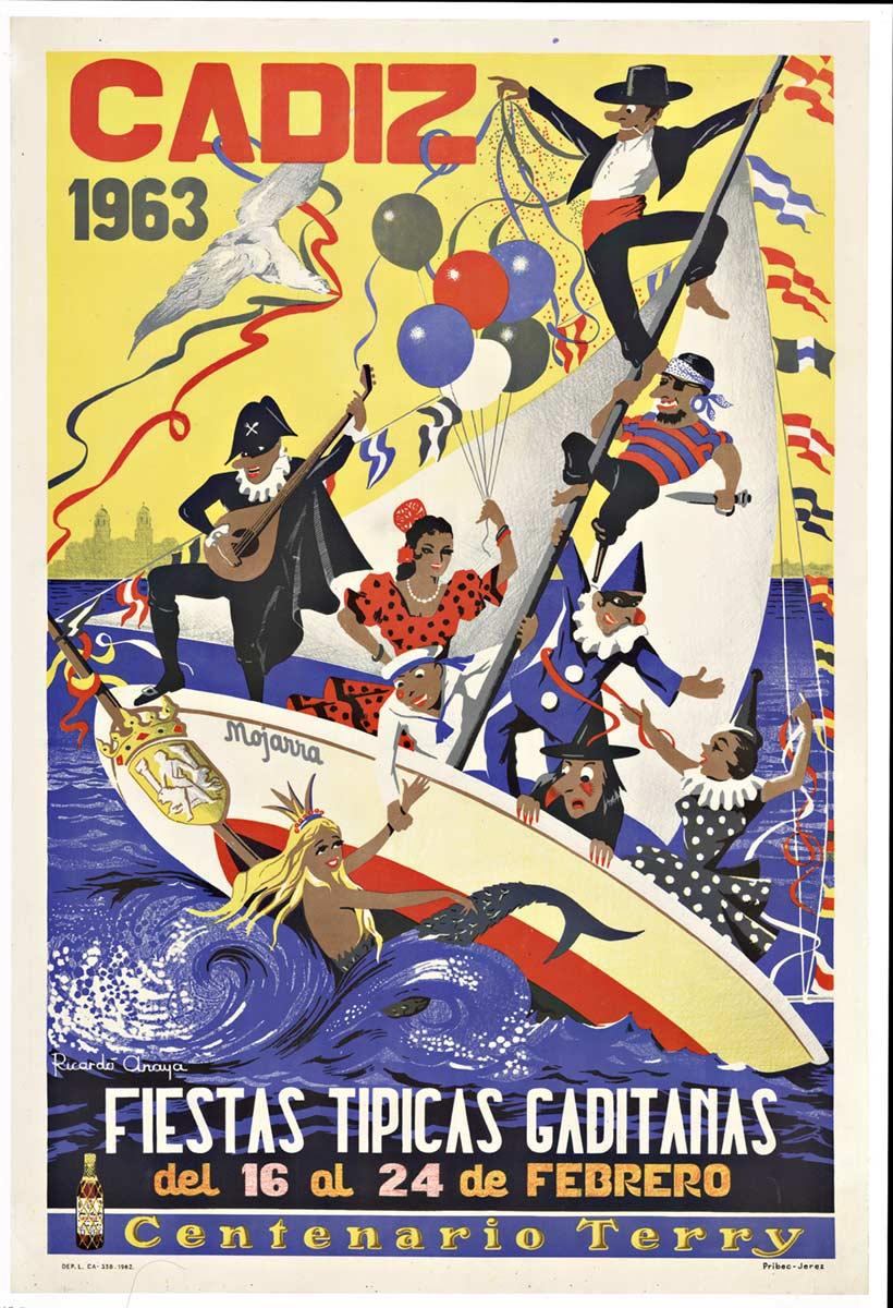 Original Cádiz Fiestas Típicas Gaditanas vintage cartel de viaje de fiestas españolas