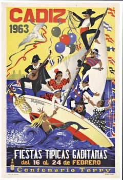 Original Cadiz Fiestas Tipicas Gaditanas Vintage Spanish festival travel poster