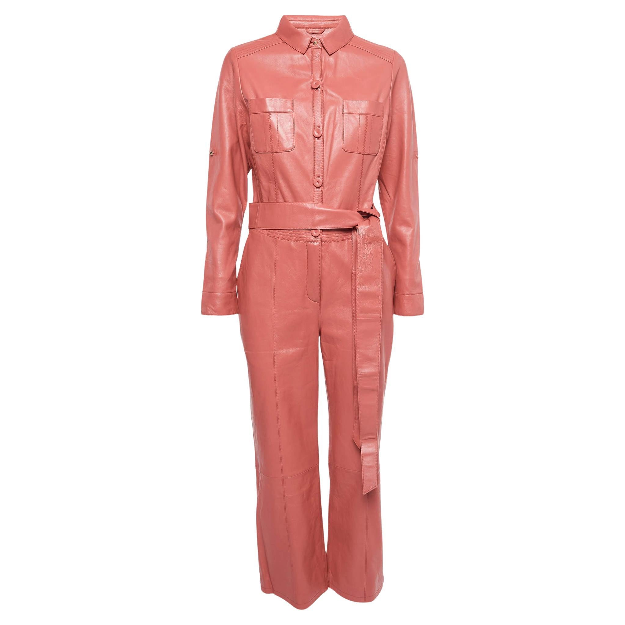 Richards Radcliffe Pink Leather Belted Cropped Jumpsuit M For Sale