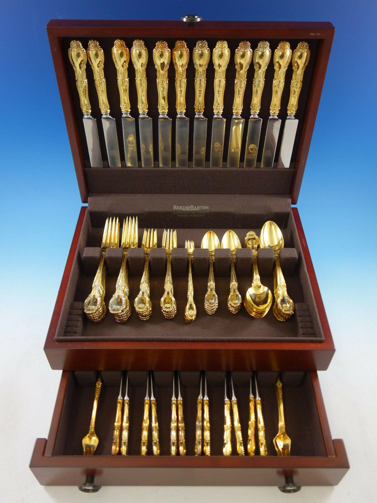 Gorgeous dinner size Richelieu by Tiffany & Co. vermeil (completely gold-washed) sterling silver Flatware set, 84 pieces. This set includes:

12 dinner size knives, 10 1/4
