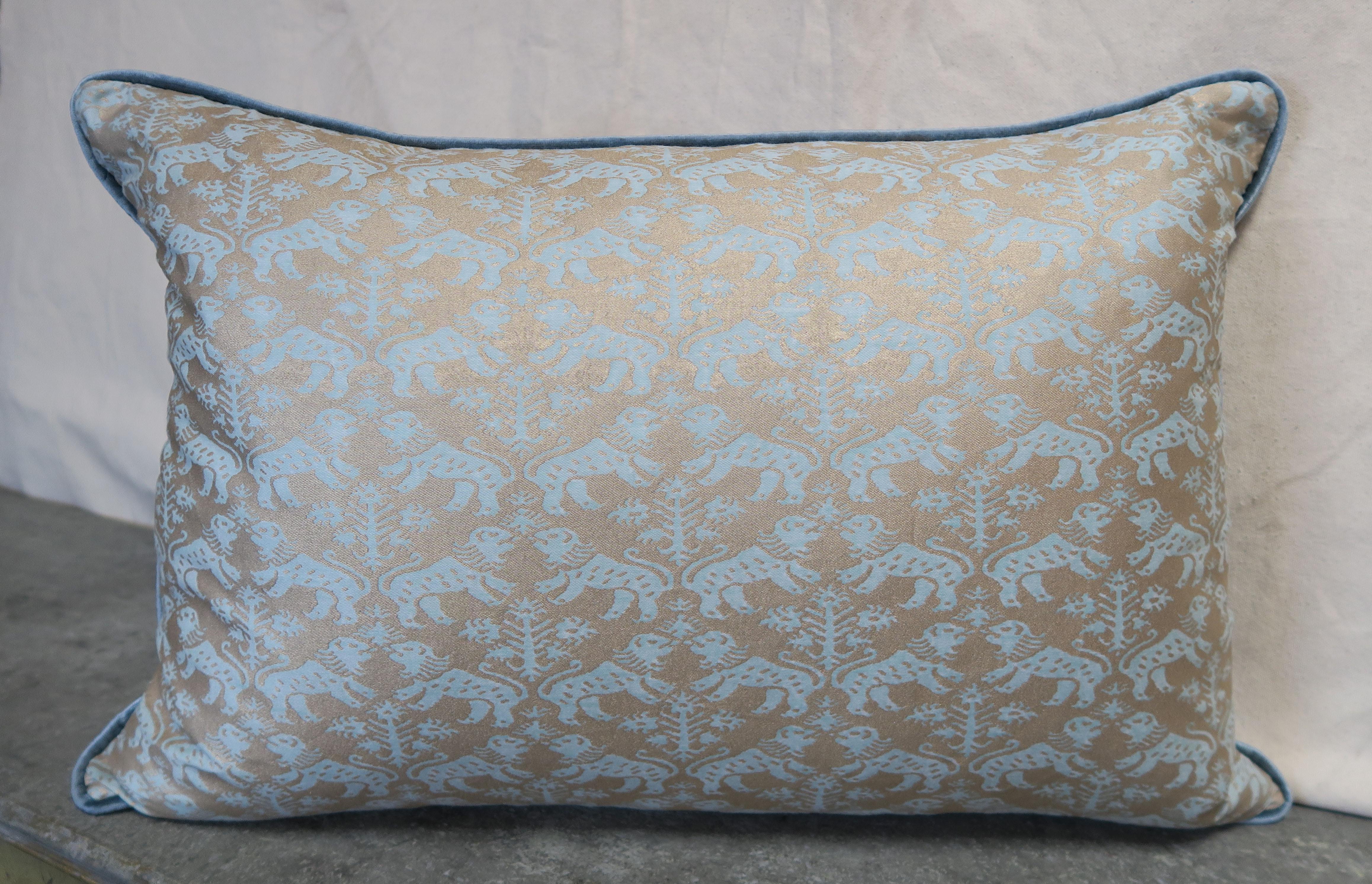 A pair of custom Richelieu patterned Egyptian cotton Fortuny textile pillows in aquamarine and silvery gold. Blue velvet backs and self cording. Down inserts, sewn closed.