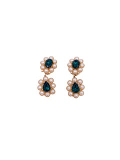 Richelieu Gold Flower Pearl Drops With Emerald Clip On Earrings