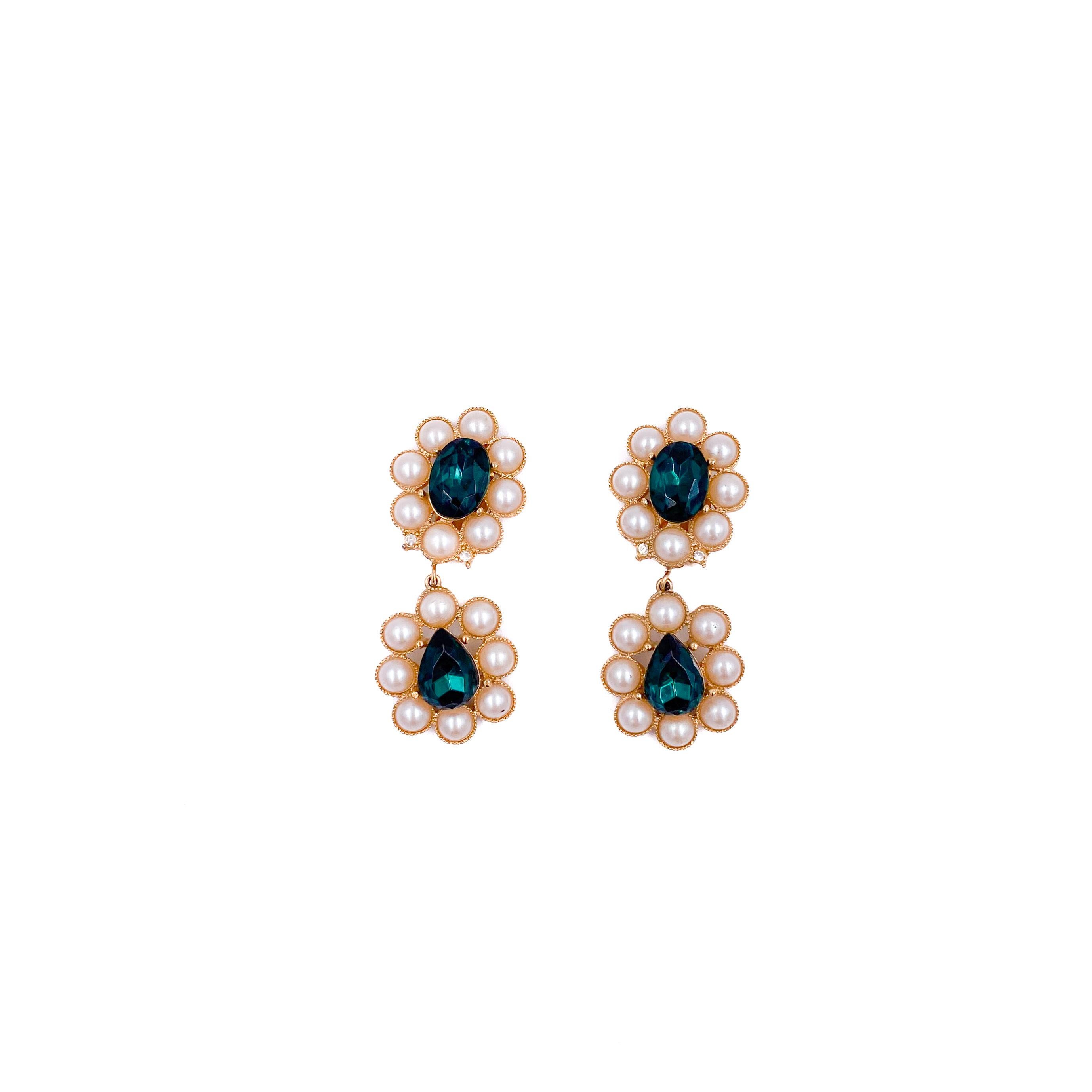 Emerald Cut Richelieu Gold Flower Pearl Drops With Emerald Clip On Earrings For Sale