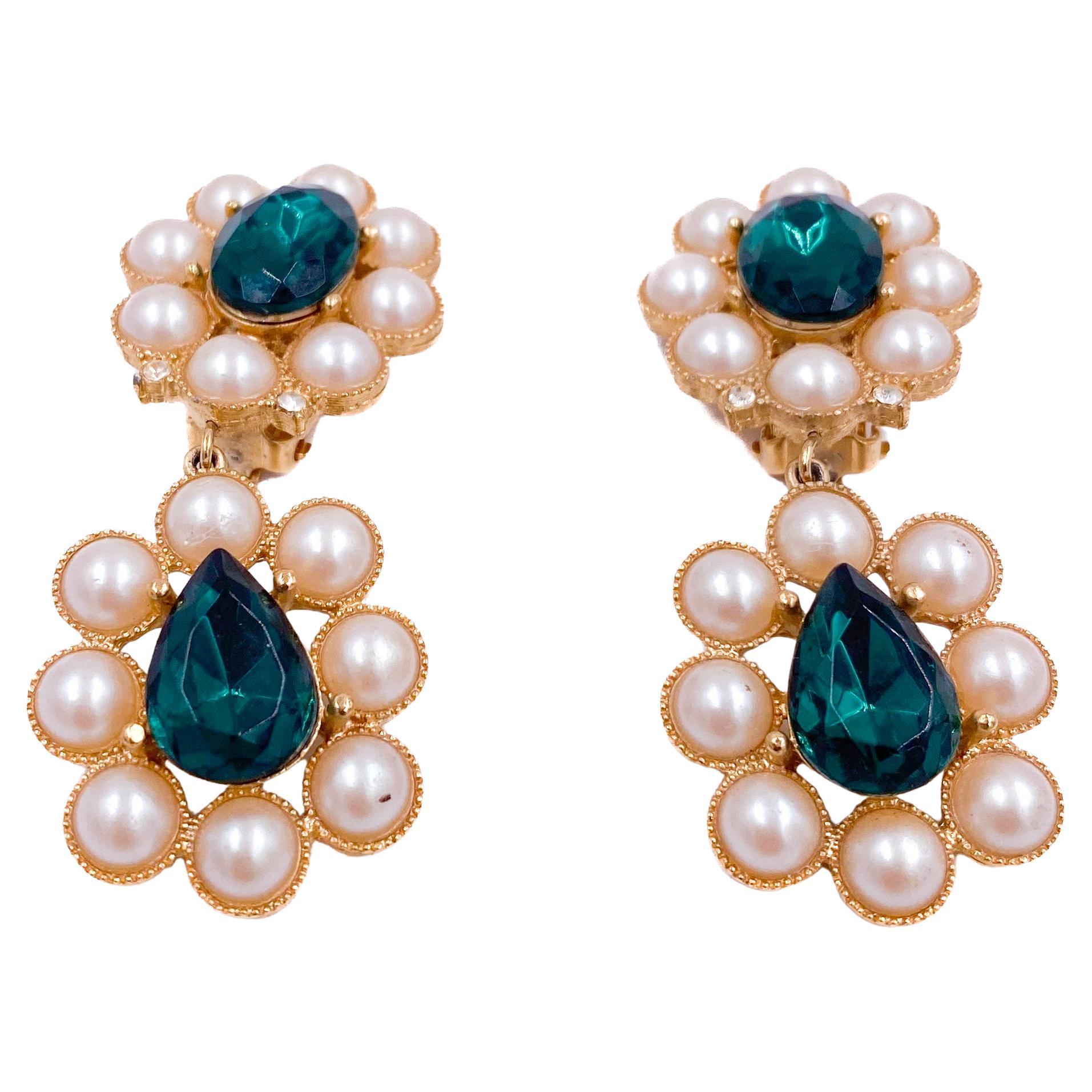 Richelieu Gold Flower Pearl Drops With Emerald Clip On Earrings For Sale