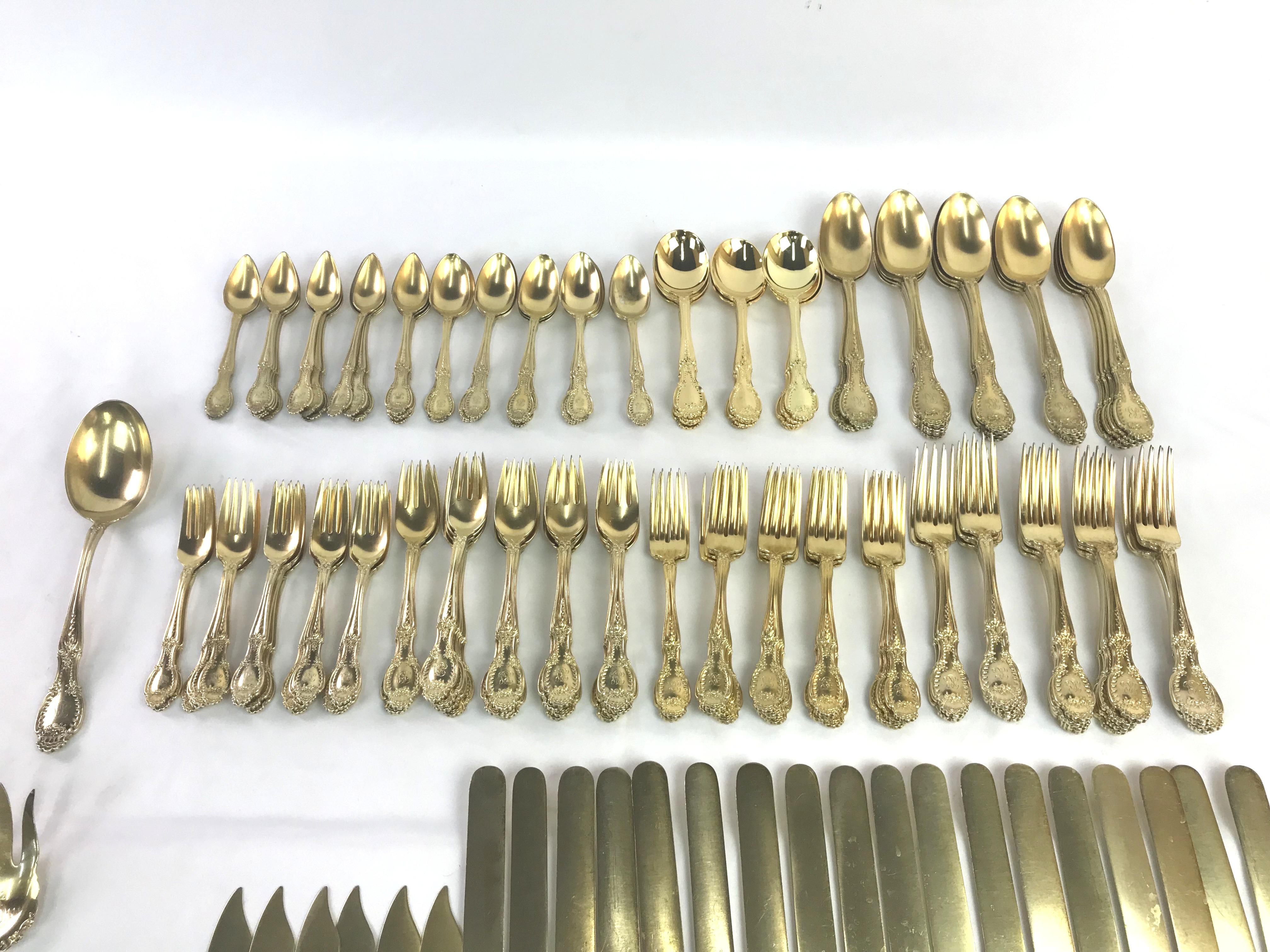 French Richelieu Gold Vermeil by Tiffany Sterling Silver Flatware, 196 Pieces