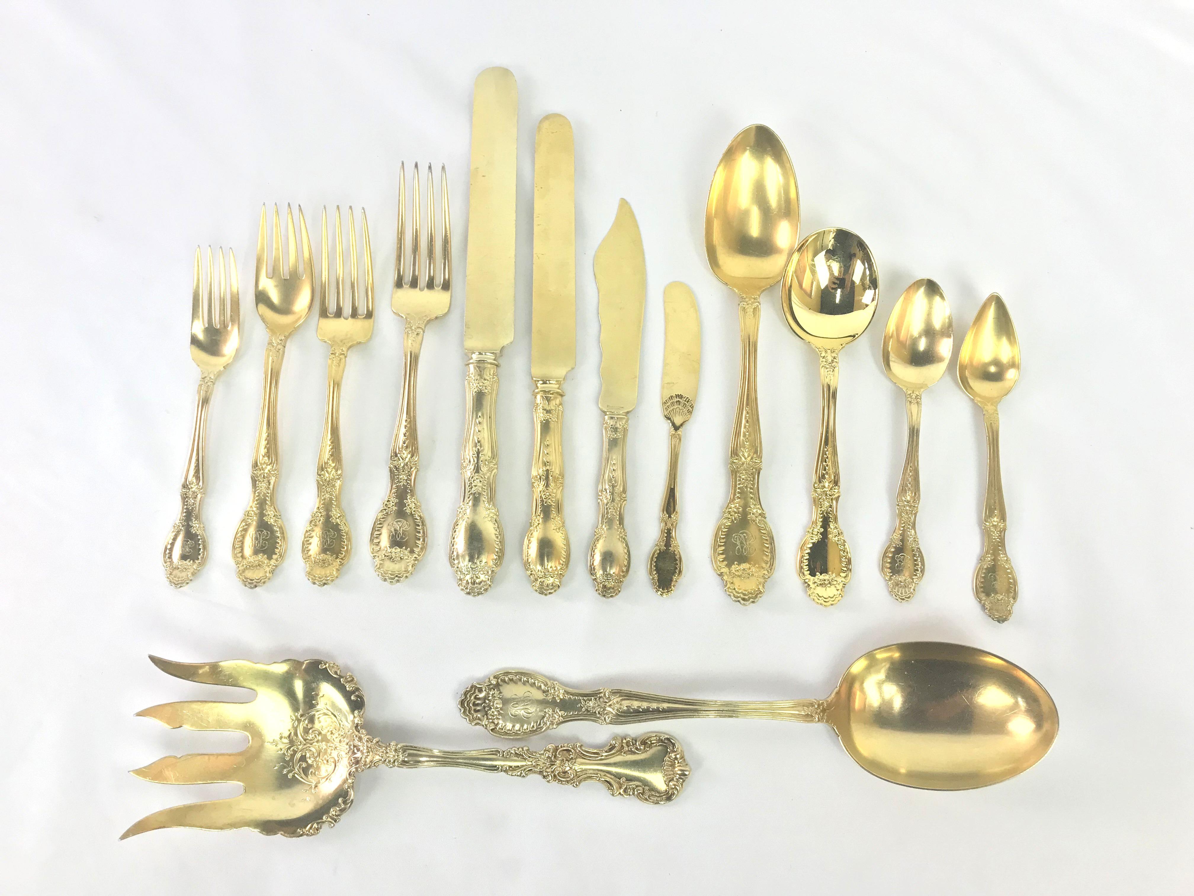 Richelieu Gold Vermeil by Tiffany Sterling Silver Flatware, 196 Pieces In Excellent Condition In Portland, OR