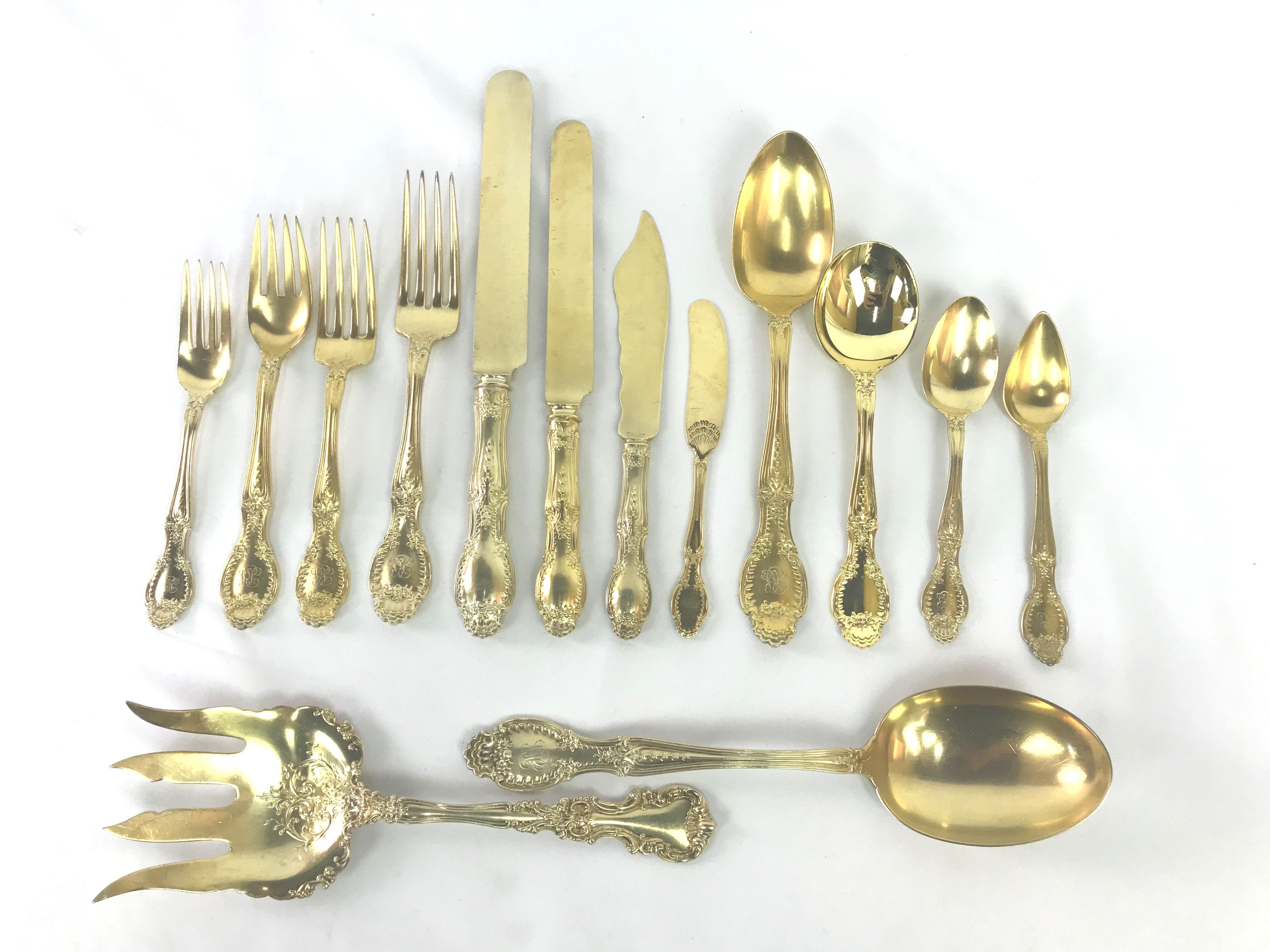 Late 19th Century Richelieu Gold Vermeil by Tiffany Sterling Silver Flatware, 196 Pieces
