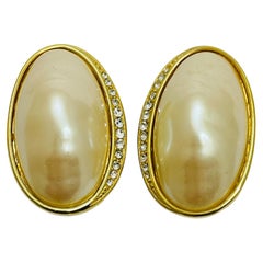 RICHELIEU signed gold pearl crystal huge designer runway clip on earrings
