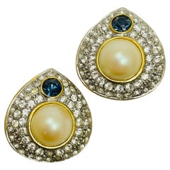 RICHELIEU signed gold pearl crystals designer runway clip on earrings