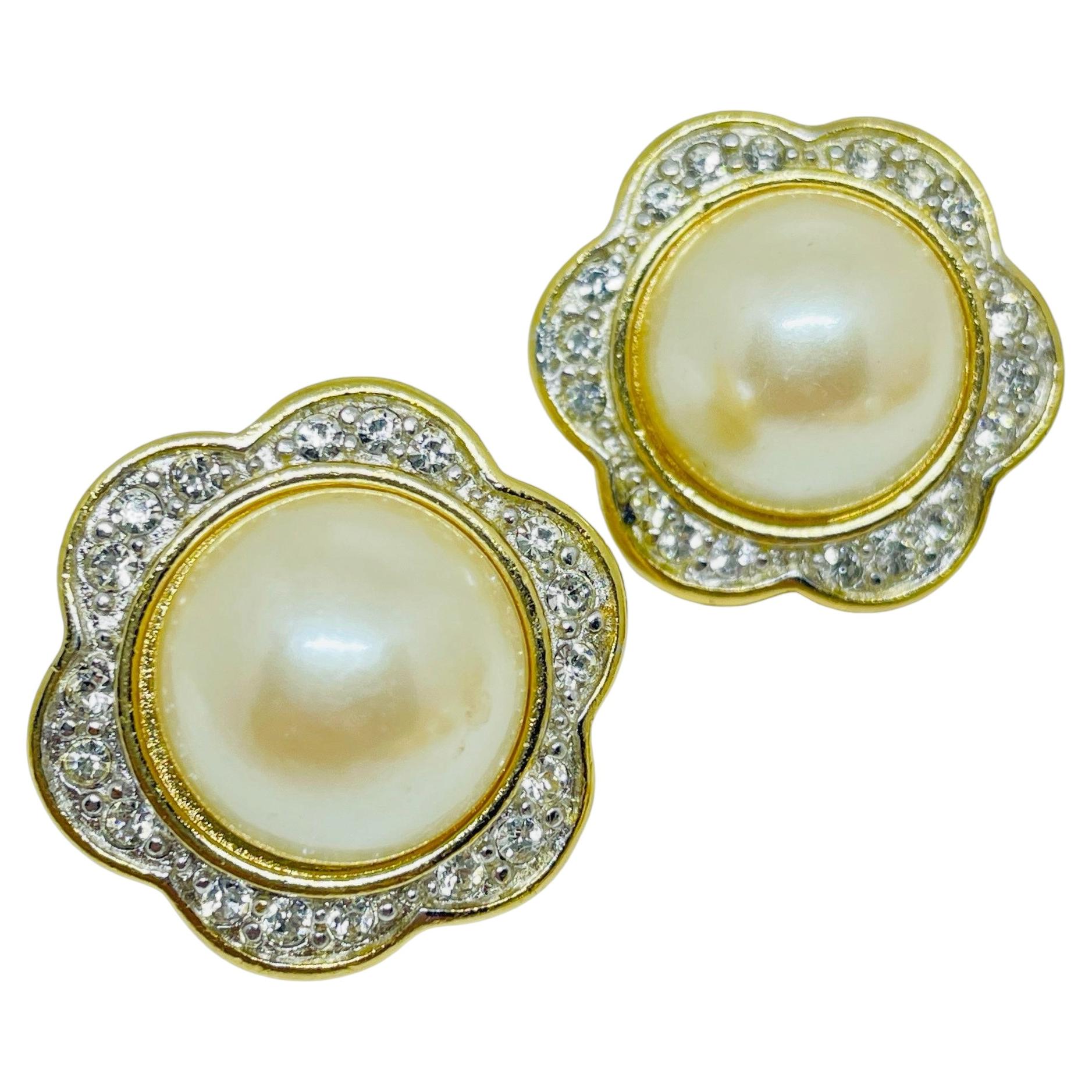 RICHELIEU Vintage signiert Gold Ton faux Perle Strass Designer Clip Ohrringe