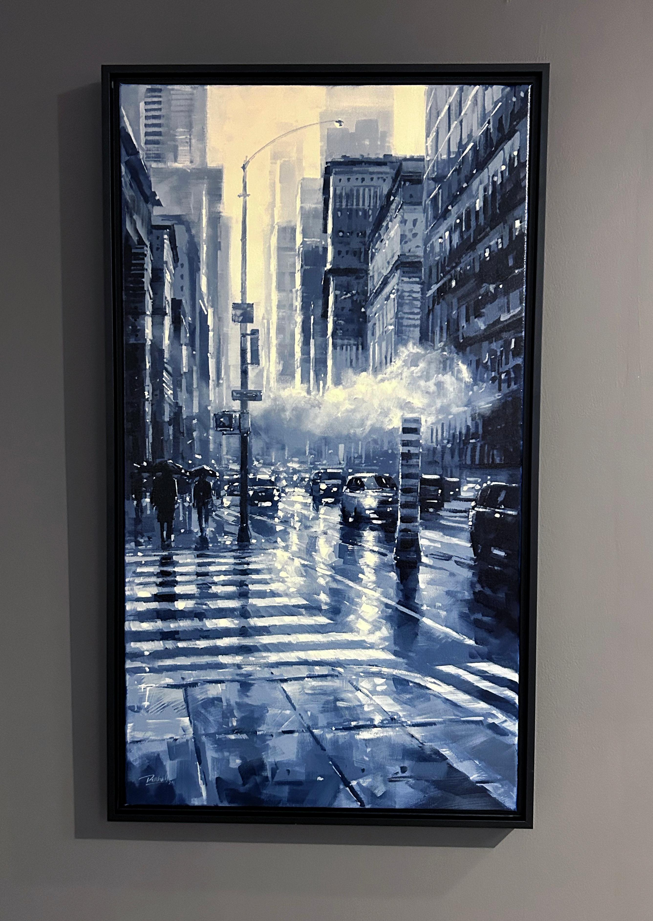 Richell Castellon, „City Fog“, 36x20 Regenbogen Manhattan Monochromes Gemälde in New York City im Angebot 1