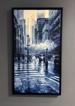 Richell Castellon, "City Fog", 36x20 Rainy Manhattan Monochromatic NYC Painting