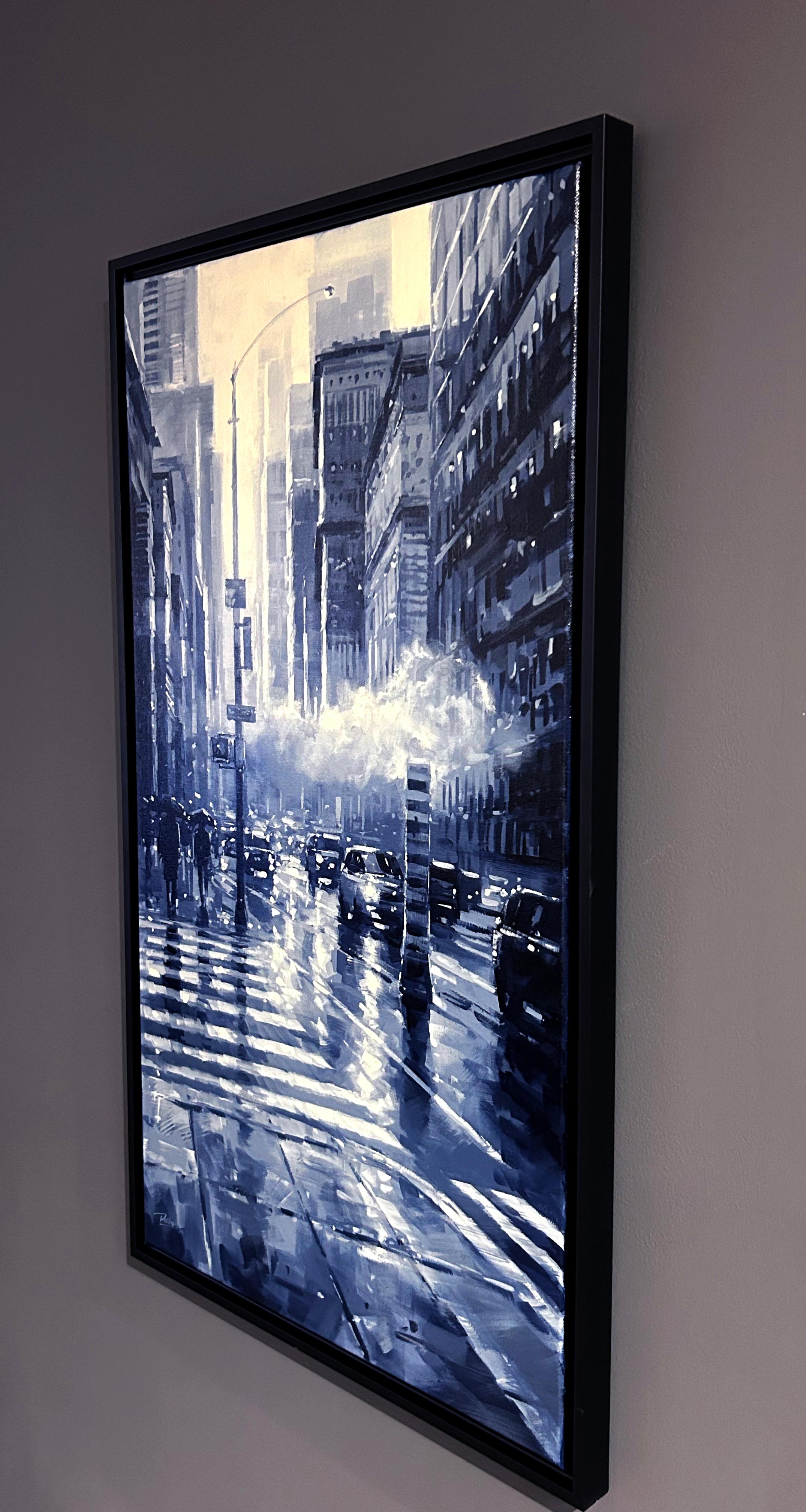 Richell Castellon, „City Fog“, 36x20 Regenbogen Manhattan Monochromes Gemälde in New York City im Angebot 2
