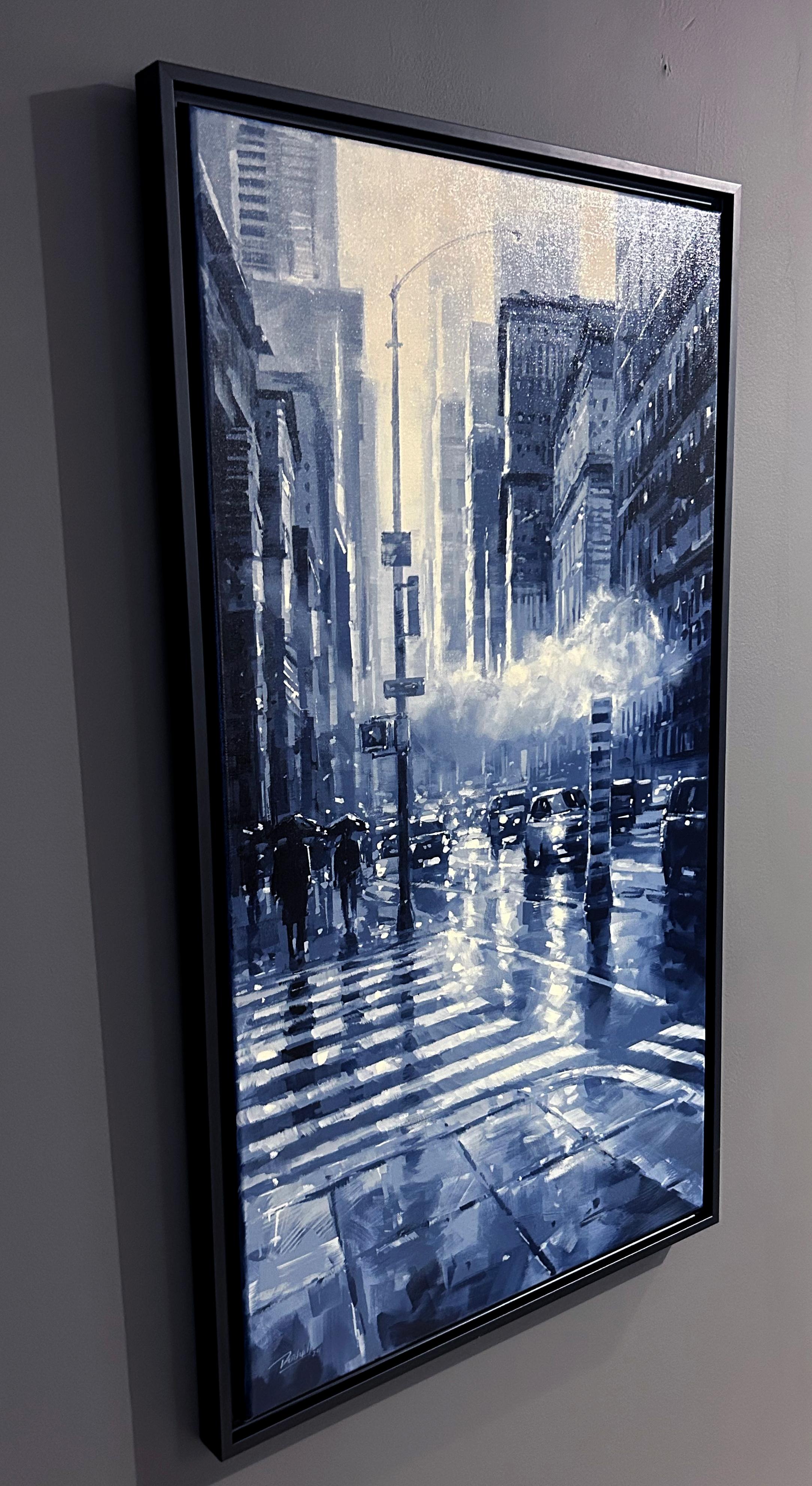Richell Castellon, „City Fog“, 36x20 Regenbogen Manhattan Monochromes Gemälde in New York City im Angebot 3
