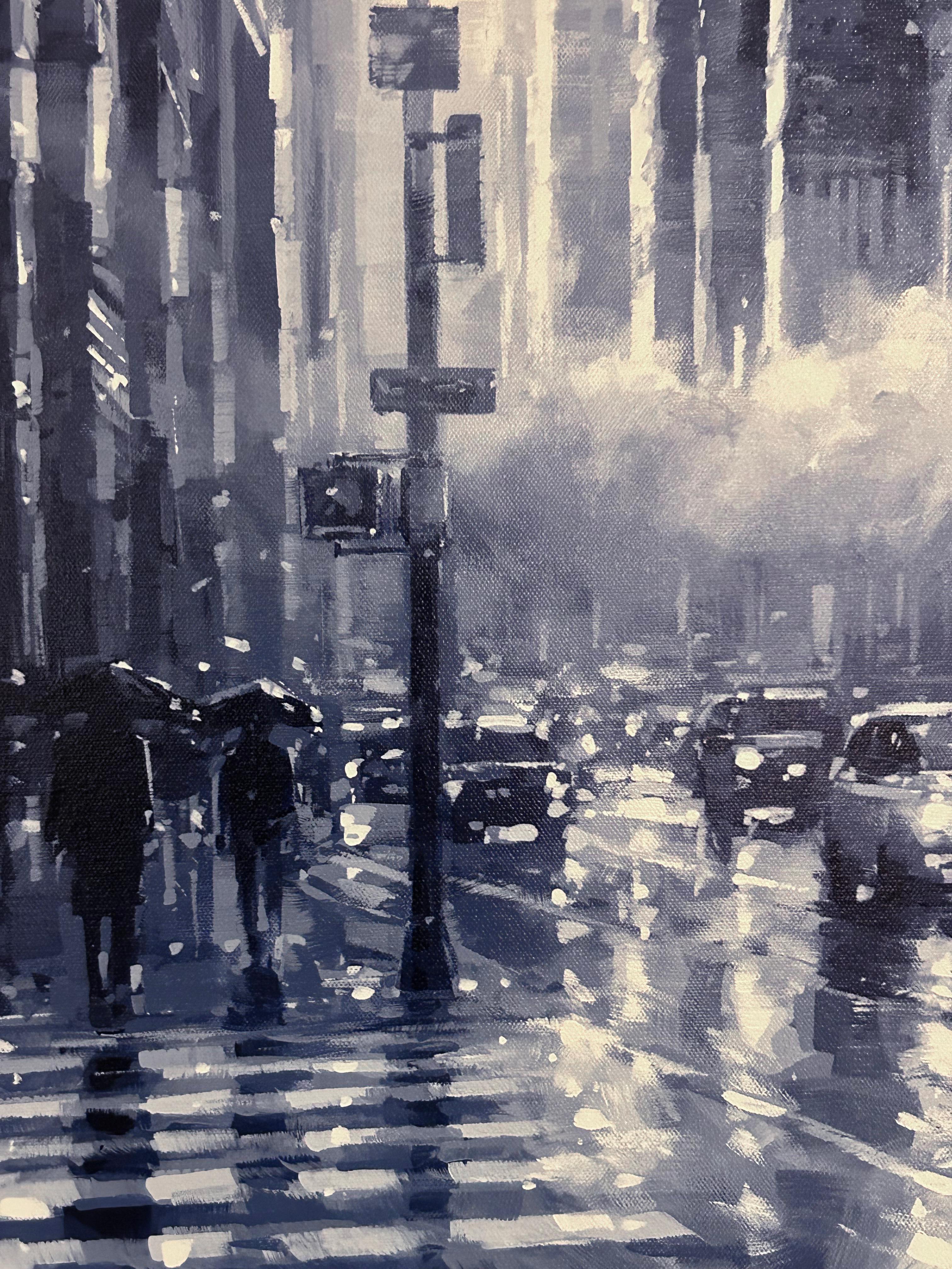 Richell Castellon, „City Fog“, 36x20 Regenbogen Manhattan Monochromes Gemälde in New York City im Angebot 5