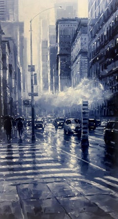 Richell Castellon, "Niebla de ciudad", 36x20 Pintura monocromática de Manhattan lluviosa en NYC
