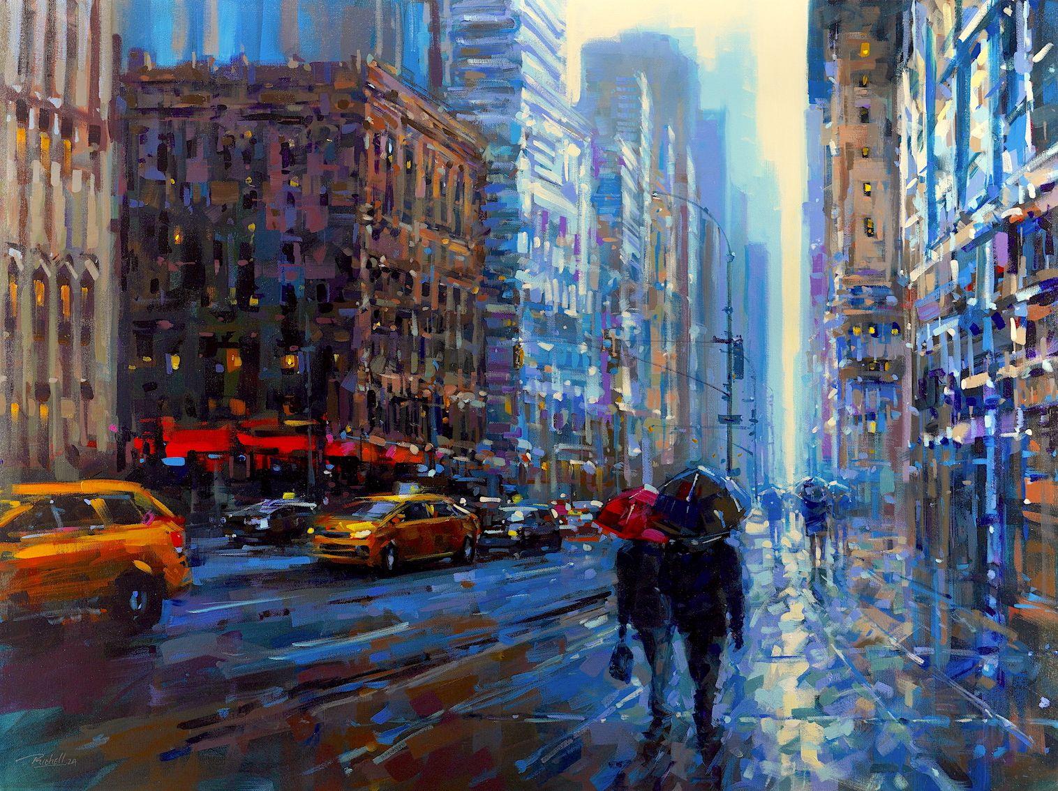 "City Synergy" is a 30x40 oil painting on canvas by artist Richell Castellon. Featured is a rainy day in New York City cityscape. Pedestrians stroll the streets under umbrellas while iconic yellow city taxis race down the street to their