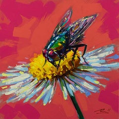 Richell Castellon, "Daisy Fly" 6x6 Colorful Exciting Insect Flower Painting